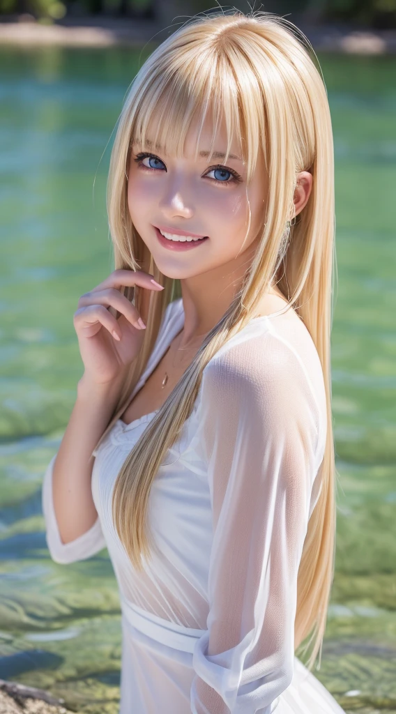 (8K), (Best Quality), (masutepiece:1.2), (Realistic), (Photorealistic:1.37), Ultra-detailed, 1girl in, Cute,((Just get out of the lake)),Smile,Beautiful detailed eyes, beautiful detailed nose, Full body, Wet hair, middlebreasts, ((Dramatic Lighting)),see through,((Wet)),((see through)),(((Pose Seductive))),(((stroking your hair with one hand)))、School Uniforms、bright expression、poneyTail、Young shiny shiny white shiny skin、Best Looks、Blonde reflected light、Platinum blonde hair with dazzling highlights、shiny light hair,、Super long silky straight hair、Beautiful bangs that shine、Glowing crystal clear attractive big blue eyes、Very beautiful nice cute 16 year old girl、Lush bust,White and beautiful blouse、((Rejoice with the whole body 1.5))++、