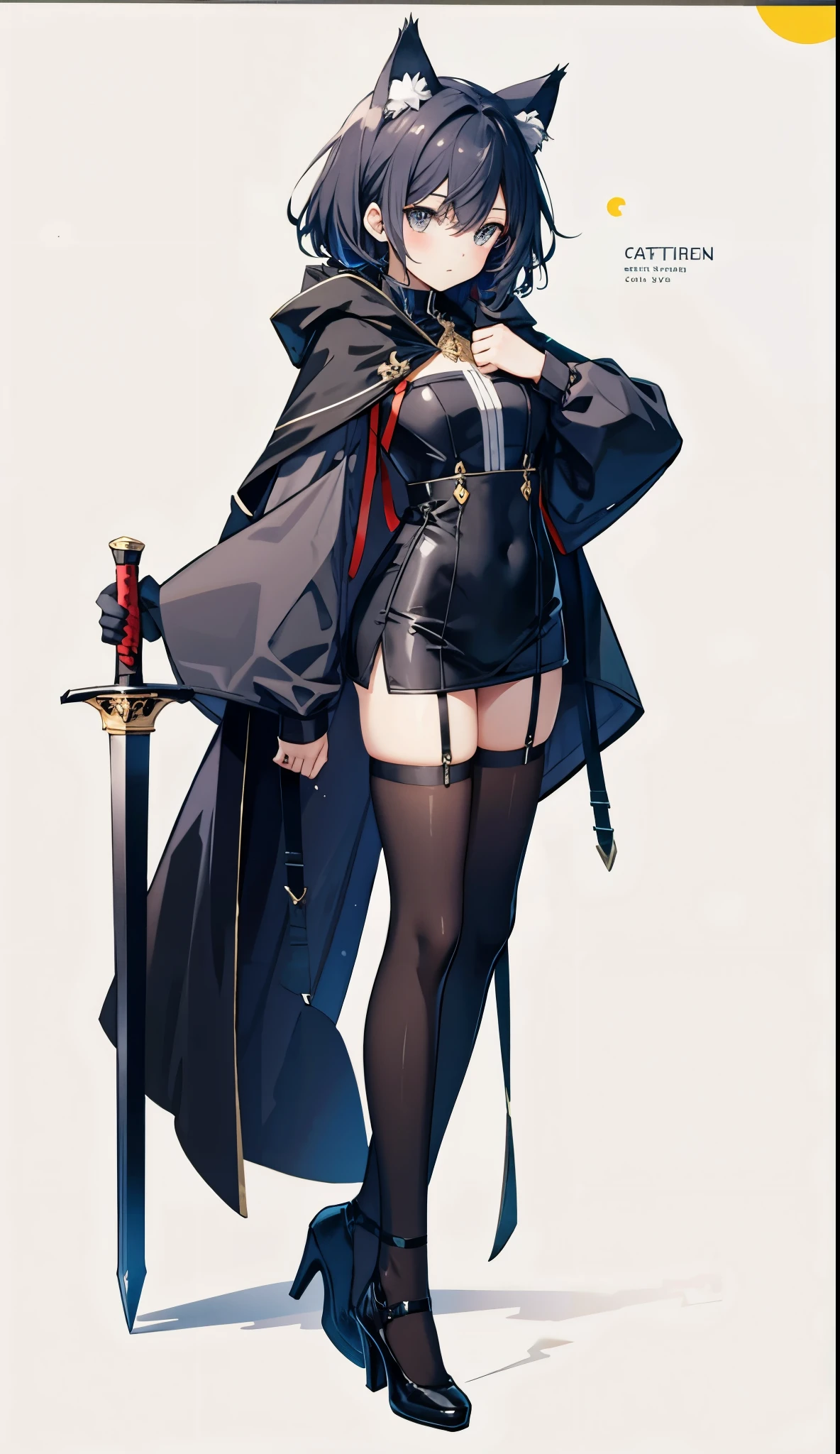 Cat-eared girl，Cat ears，Tight combat suit，Cloak，holding a longsword，，Black suspender stockings，high-heels