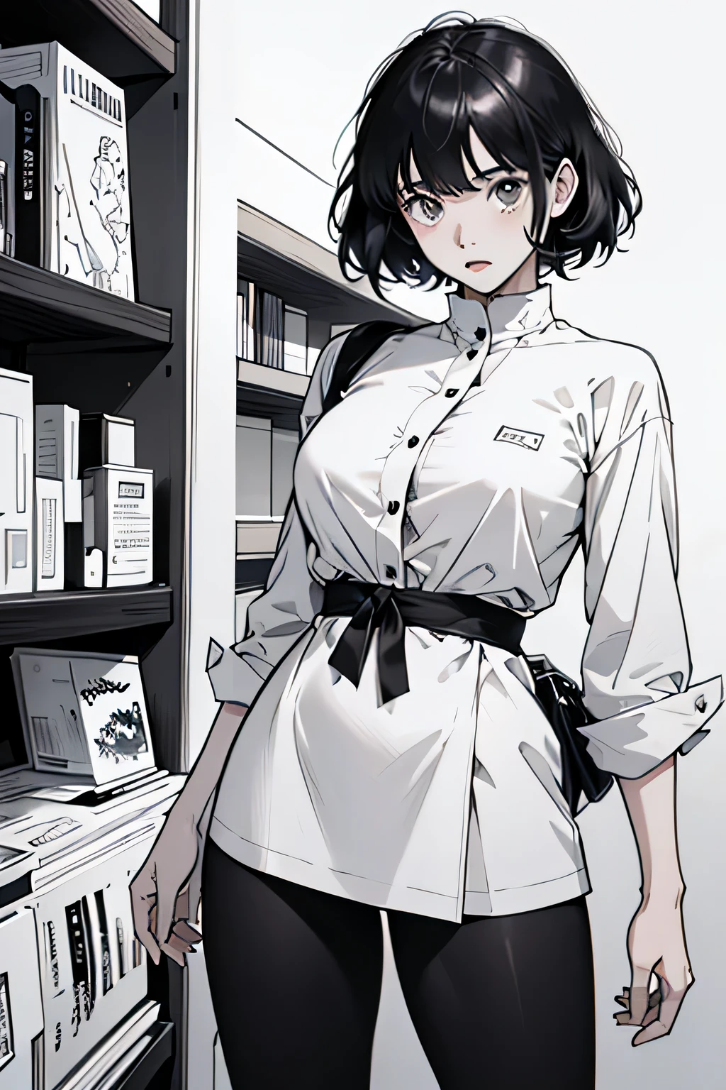 Anime girl in a white shirt and black pants standing in front of a book ...