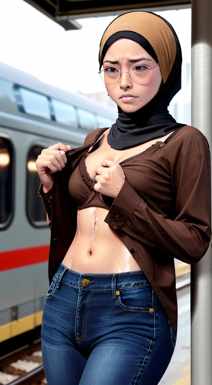 Photo of a asian female with saggy breasts, (((undressing))) inside commuter line, 20yo, petite, skinny,slender body, short body, tanned skin, dimples, light, detailed face, embarrassed face, ((looking disgusted)), ((very angry)), (dissapointed),Perfect breasts, small breasts, natural breasts, big nipples, G cup, (((hijab))), (((glasses))), (((cotton bra))), (((brown shirt))), (((cotton panties))), (((jeans pulled))), (sweat:1.0), (wet)