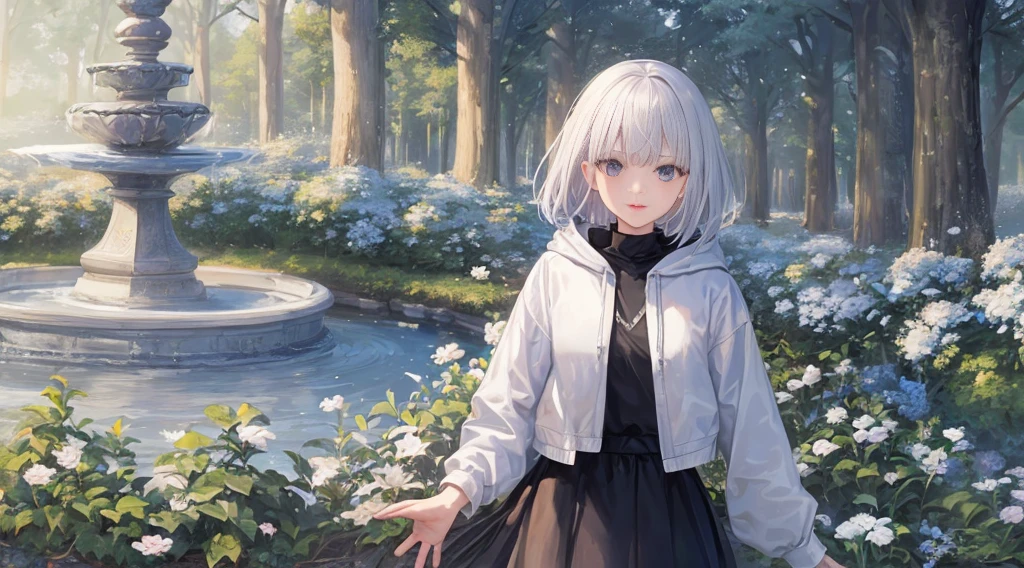 Ultra-high image quality,Look at viewers, hands behind back, girl with, 20 years old, Very short hair, long bangs between eyes, blue eyess,Black eyes, Hoodie, Skirt , Extremely detailed,(masterpiece、top-quality),White hair、A smile、Fantastical, Silver hair,, Hoodie, White hoodie,a black skirt,Hair is short,White jacket, Casual style,Open jacket, Cowboy Shot、Fluttering hair、a small face、Bright smile、(Detailed face) ,profetional lighting,fantastic landscape,Blue sky, Sunlight,look down from above,portraitures、open open mouth、facing front、fountain in the forest、flower field、Upper body only、snowscape