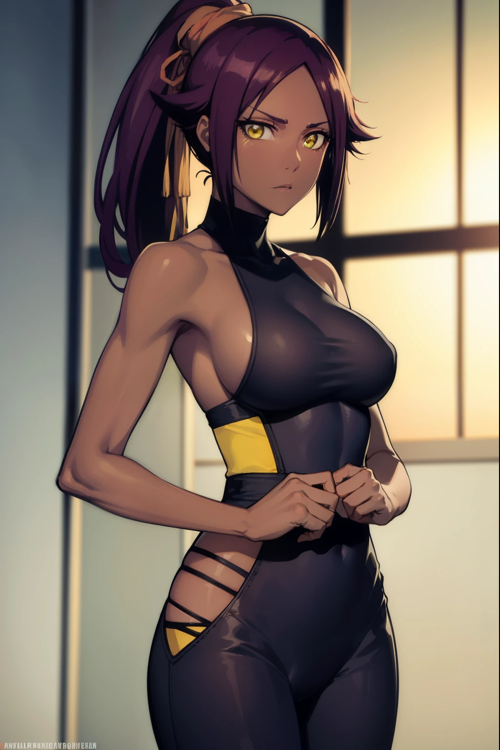 yoruichishihouin, yoruichi shihouin, long hair, (yellow eyes:1.5), ponytail, purple hair, dark skin, dark-skinned female,
BREAK criss-cross halter, black criss-cross halter, bare arms, bare shoulders, sideboob,underboob,
BREAK outdoors,
BREAK looking at viewer, (cowboy shot:1.5),
BREAK (masterpiece:1.2), best quality, high resolution, unity 8k wallpaper, (illustration:0.8), (beautiful detailed eyes:1.6), extremely detailed face, perfect lighting, extremely detailed CG, (perfect hands, perfect anatomy),