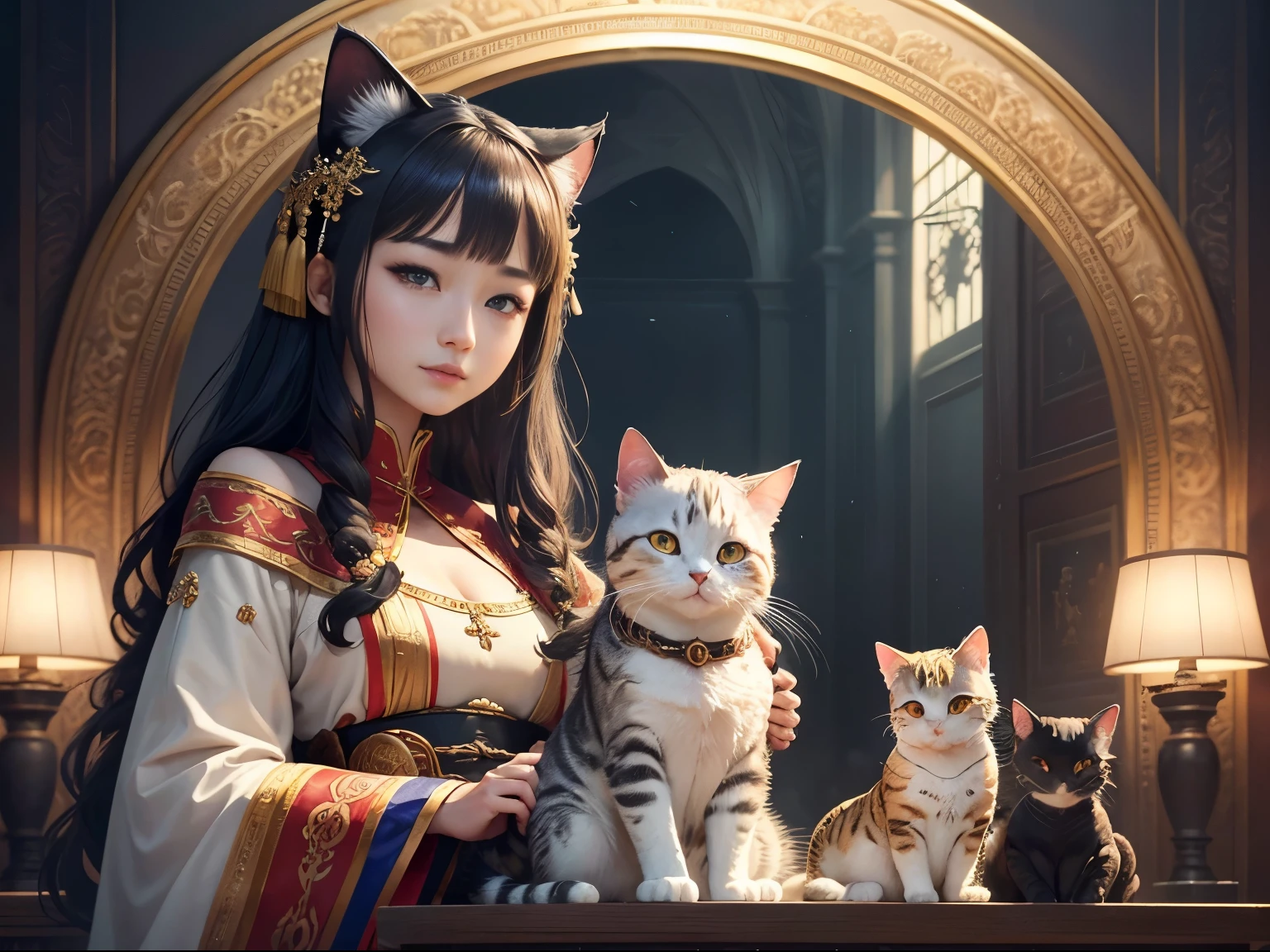 超A high resolution、An ultra-high picture quality、8K、Wonderful expression with attention to detail、The King of Cats、Wave to thousands of cat servants from the top of the palace、