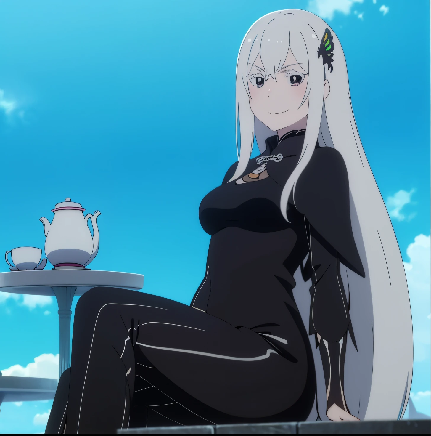 masterpiece, best quality, ultra-detailed, illustration, epic lighting, cinematic composition, colorful, anime, 2d, (finely detailed beautiful eyes: 1.2), 1girl, echidna (re zero), solo, re zero kara hajimeru isekai seikatsu, butterfly hair ornament, white hair, colored eyelashes, brown eyes, black dress, sitting, spread legs, camel toe, smile, blush, looking at viewer, blue sky, hill, teacup, table, (8k:1.1)