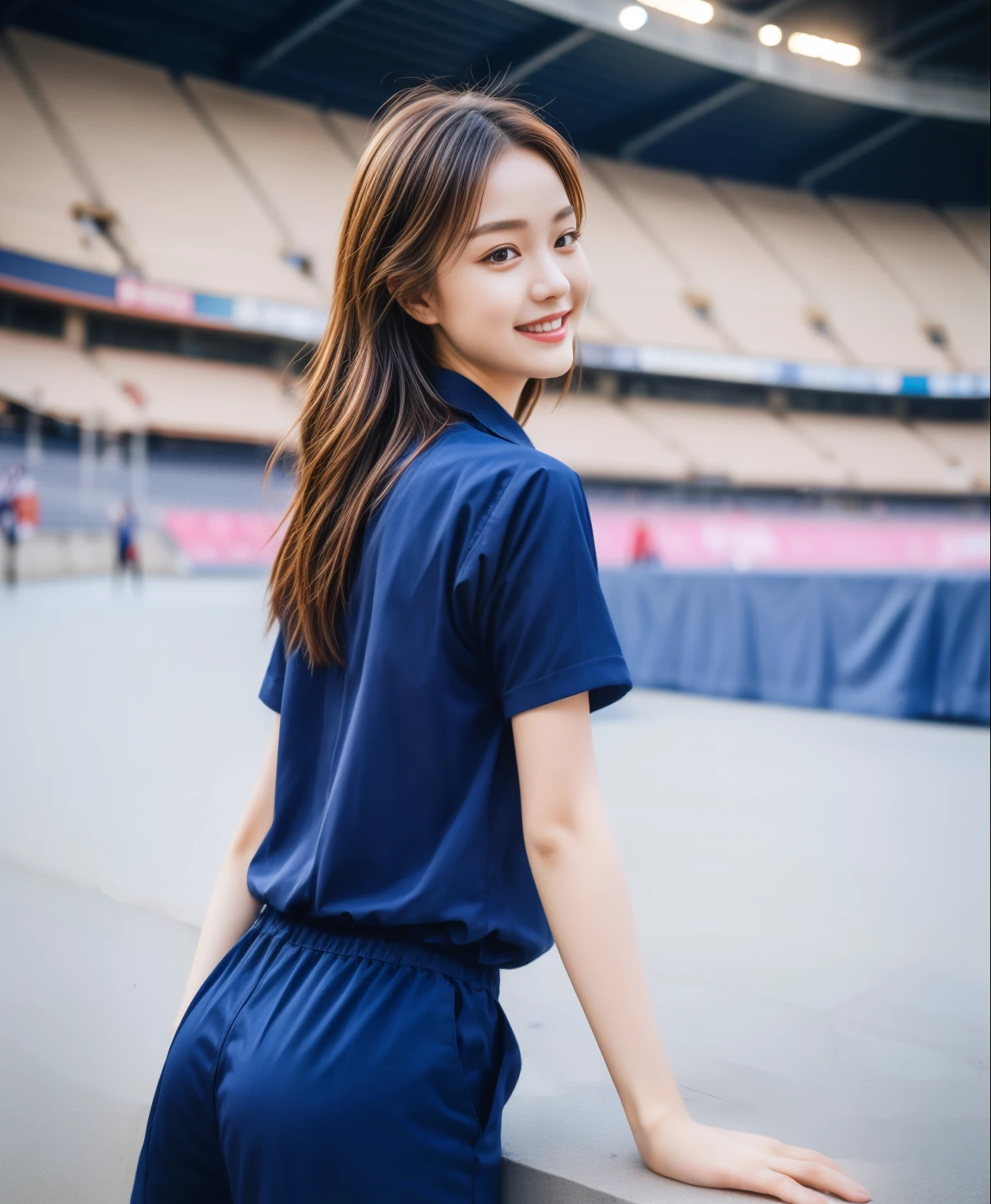 (bestquality,10,10,highres,masterpiece:1.2),ultra-detail,(Realistic,ภาพRealistic,photo-realistic:1.37),1 Cute girl in the football field,oily shiny skin,bara,light smile,BDclothelue shirt:1.3)),short sleeves,shirt, trousers.,(navy_long_ติดตามtrousers:1.1), ((Stadium Background:1.3)),dynamic angle,excited,face focus,Dynamic Poses,from behide,Ass Focus,masterpiece, bestquality, ultra realistic, hyper-detail, 8k resolution, RAW photo, crisp focus, ((Navy blue shirt:1.1)), short sleeves, เส้นทางlong, Complete bodyแบบ, 2 mature women, 18yo, cinematic light,trousersวอร์มสีน้ําเงิน,Gymware,Correct anatomy,Complete body, Correct body, sharp face, Correct bodyทางกายวิภาค, full entire body, Realistic gestures, long-haired, Realistic poses,Wear long shorts...........................................,ช่วงขาlong,Shapely,Sculpting Girl, Slender Figure, mannequin mannequins, Shapely, Beautiful body,trousersวอร์มสีน้ําเงิน, Two girls kissing