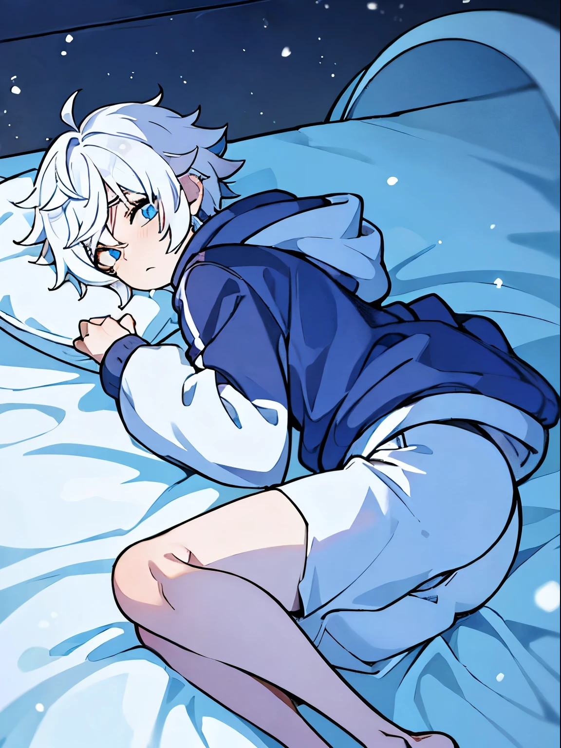Androgynous, adult, non-binary, short hair, baggy clothes, sad, white hair, blue eyes, hoodie, oversized hoodie, baggy hoodie, baggy sweater, snow, pale, snowing, bed, laying down, lying down, from above, looking at viewer