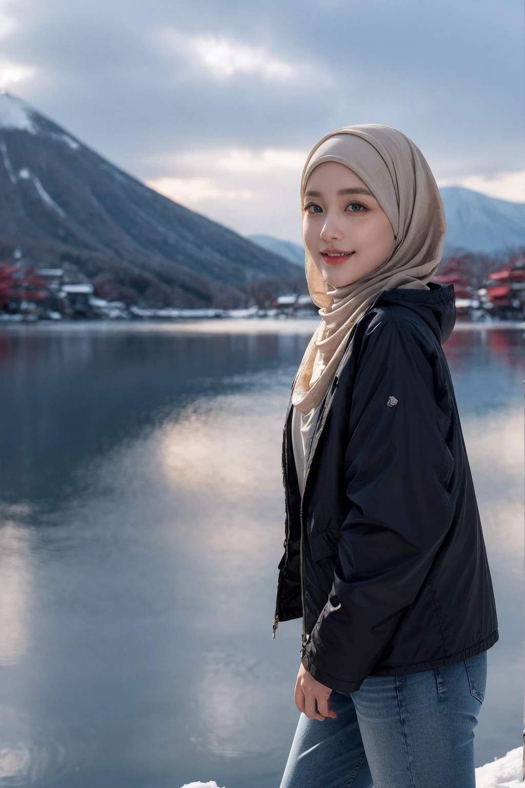 (Hijab:1.7), shy stance, smiling, very shy, ((Midnight, Best Quality, 8K, Masterpiece :1.3)), Full Body, (realistic photos of Hijab Korean female, slightly smile,expressive eyes,eye makeup, ((Lake Kawaguchiko, Japan background)) ,standing posture,confident attitude,Eye-Level Shot, slightly blurry background,UHD,masterpiece:1.2,highres,16k), long Jeans, black, (Parka-jacket:1.2), snow foggy weather,