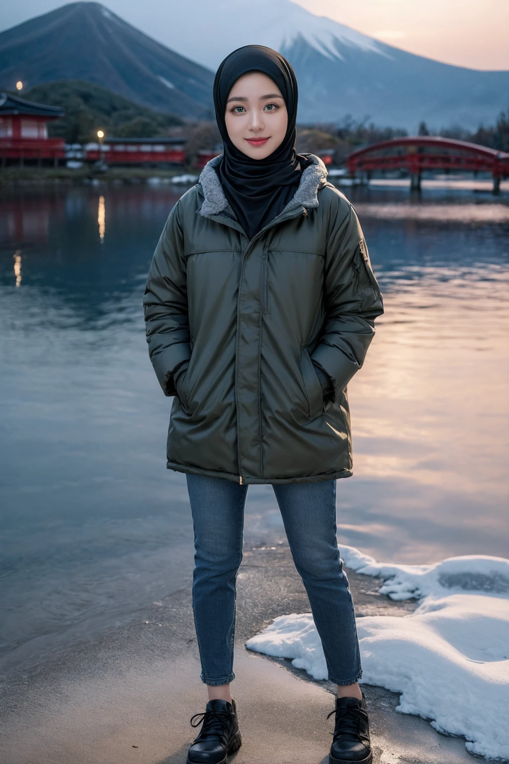 (Hijab:1.7), shy stance, smiling, very shy, ((Midnight, Best Quality, 8K, Masterpiece :1.3)), Full Body, (realistic photos of Hijab Korean female, slightly smile,expressive eyes,eye makeup, ((Lake Kawaguchiko, Japan background)) ,standing posture,confident attitude,Eye-Level Shot, slightly blurry background,UHD,masterpiece:1.2,highres,16k), long Jeans, black, (Parka-jacket:1.2), snow foggy weather,