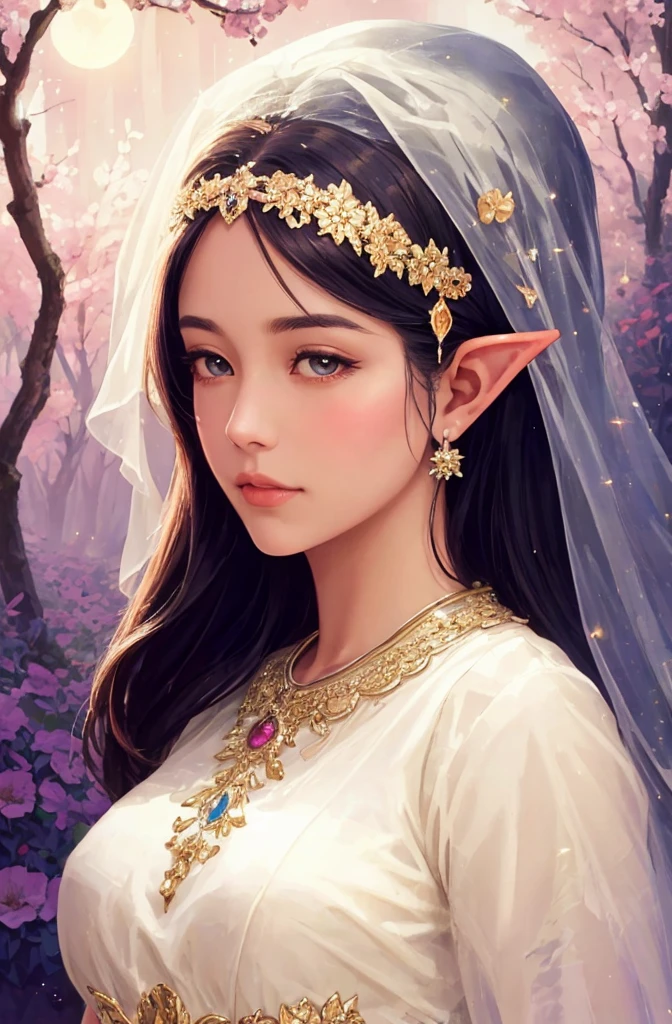 In a high elf fantasy setting,([best quality,4k,8k,highres,masterpiece:1.2),ultra-detailed,(realistic,photorealistic,photo-realistic:1.37)] the vibrant and mystical world comes to life. The enchanting garden is filled with ethereal beauty and magical elements. 

The centerpiece of the scene is an elegant high elf, with [beautiful detailed eyes,beautiful detailed lips,extremely detailed eyes and face,long eyelashes]. Their graceful presence captures the essence of elven nobility. The high elf is adorned in a flowing gown made of shimmering silk, reflecting the soft glow of the moon.

The garden is a rich tapestry of colors, with lush green grass, vibrant flowers in full bloom, and ancient trees with twisting branches. Rays of golden sunlight filter through the leaves, casting a warm and enchanting glow. The air is filled with the sweet fragrance of blooming flowers and the gentle whispers of the wind.

A sparkling waterfall cascades down a tall cliff, creating a soothing melody as the water gently caresses the rocks below. Crystal clear ponds are scattered throughout the garden, filled with vibrant aquatic life. Colorful koi fish gracefully swim in the tranquil waters, adding to the overall serenity of the scene.

As the sun sets, the garden transforms into a realm of enchantment. Soft, twinkling fairy lights illuminate the surroundings, casting a magical glow over the entire scene. Fireflies dance in the air, leaving trails of shimmering light behind them. The sky is painted with hues of purple and gold, creating a breathtaking sunset that bathes the garden in a warm and dreamy atmosphere.

In this high elf fantasy setting, the combination of exquisite details, vibrant colors, and magical elements come together to create a truly mesmerizing and captivating piece of art. Let the Stable Diffusion algorithm bring this enchanting world to life with its artistic prowess and create an awe-inspiring masterpiece.