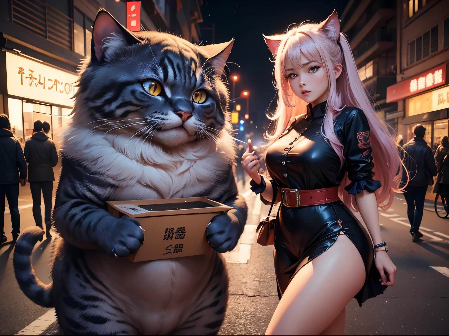 超A high resolution、An ultra-high picture quality、8K、Wonderful expression with attention to detail、big monster cat、surprise people on the street at night、