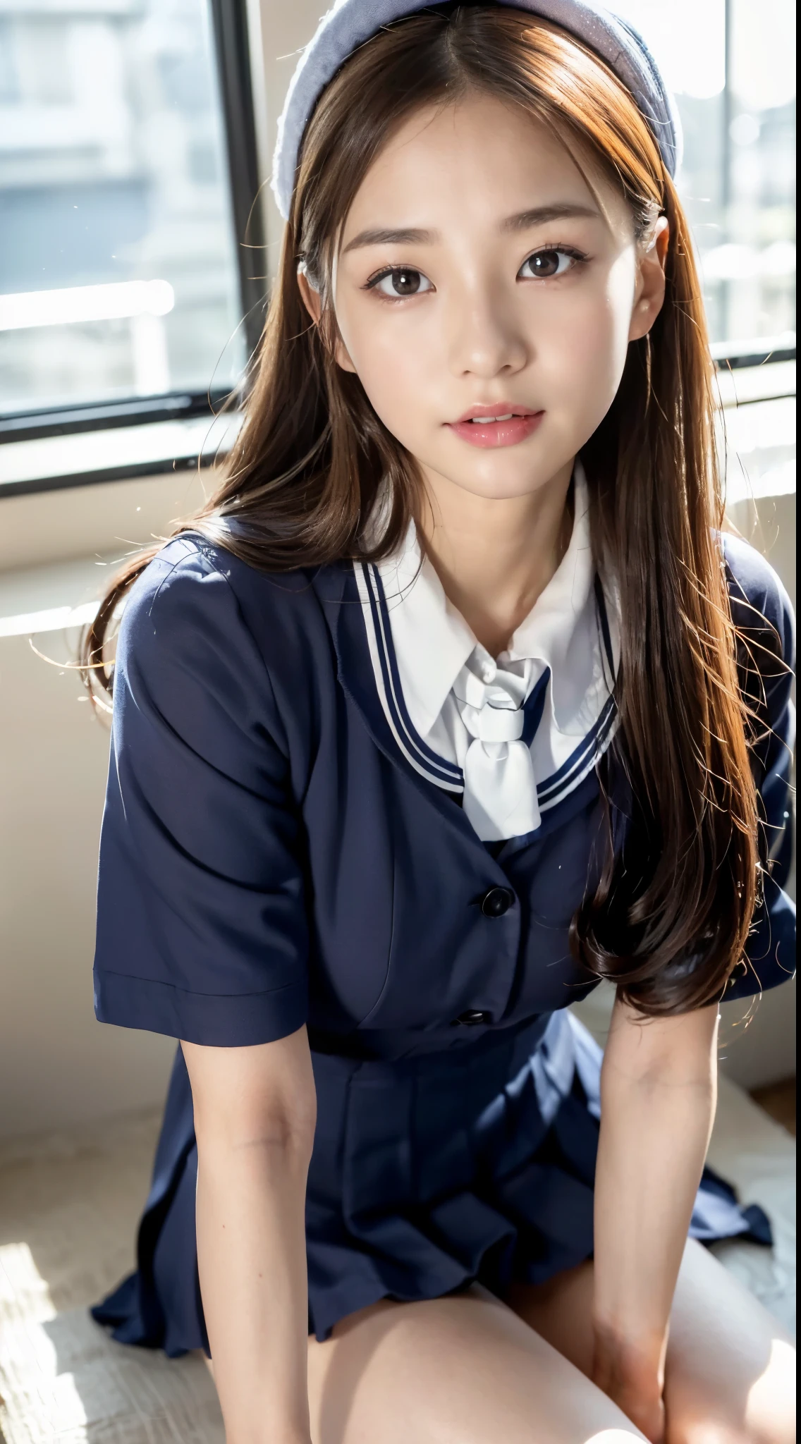 ulzzang-6500-v1.1, (raw photo:1.2), (photorealistic:1.4), beautiful detailed girl, very detailed eyes and face, beautiful detailed eyes, ridiculous, incredibly ridiculous, huge file size, super detailed, high resolution, very detailed, best quality, masterpiece, kemomimi, ((Japanese girls' high school uniform)), illustration, very detailed, CG, unified, 8k wallpaper, amazing, Fine details, masterpiece, best quality, very detailed CG uniform 8k wallpaper, light on face, cinematic lighting, 1girl, , ((no panties)), ((dynamic pose))), (camel toe), (half), (pantyhose), (knee-bending leg sitting))