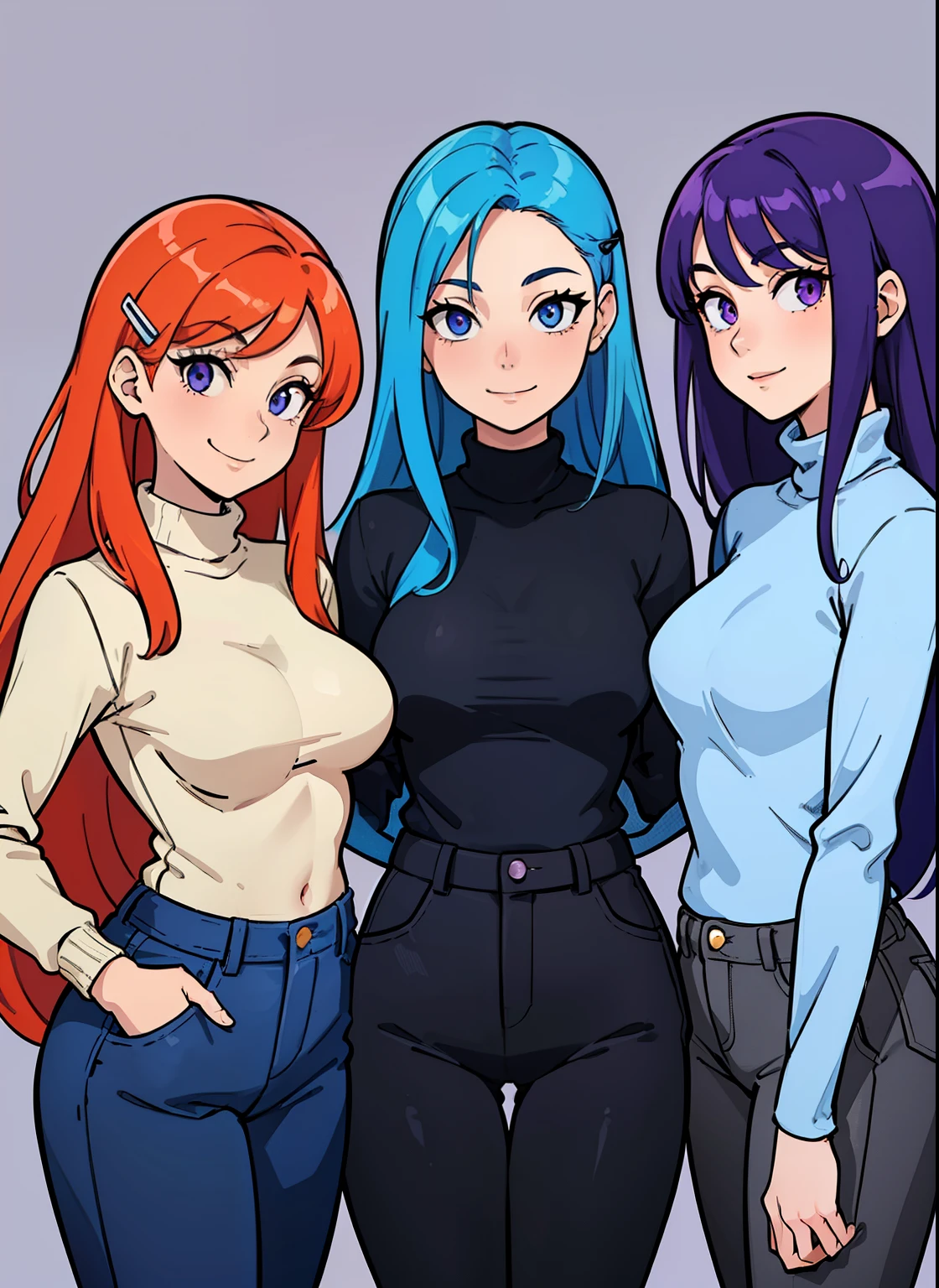 (masterpiece, best quality), best resolution, ((3girls)) ,(vivid sky blue hair), (red orange hair), (violet purple hair), same eye color as the hair, smiling, giggling, friendly, inviting, mature look, ( gray turtleneck sweater), black long pants, vibrant colors, long hair, (hair clip), sharp eyes, apartment background, cowboy shot
