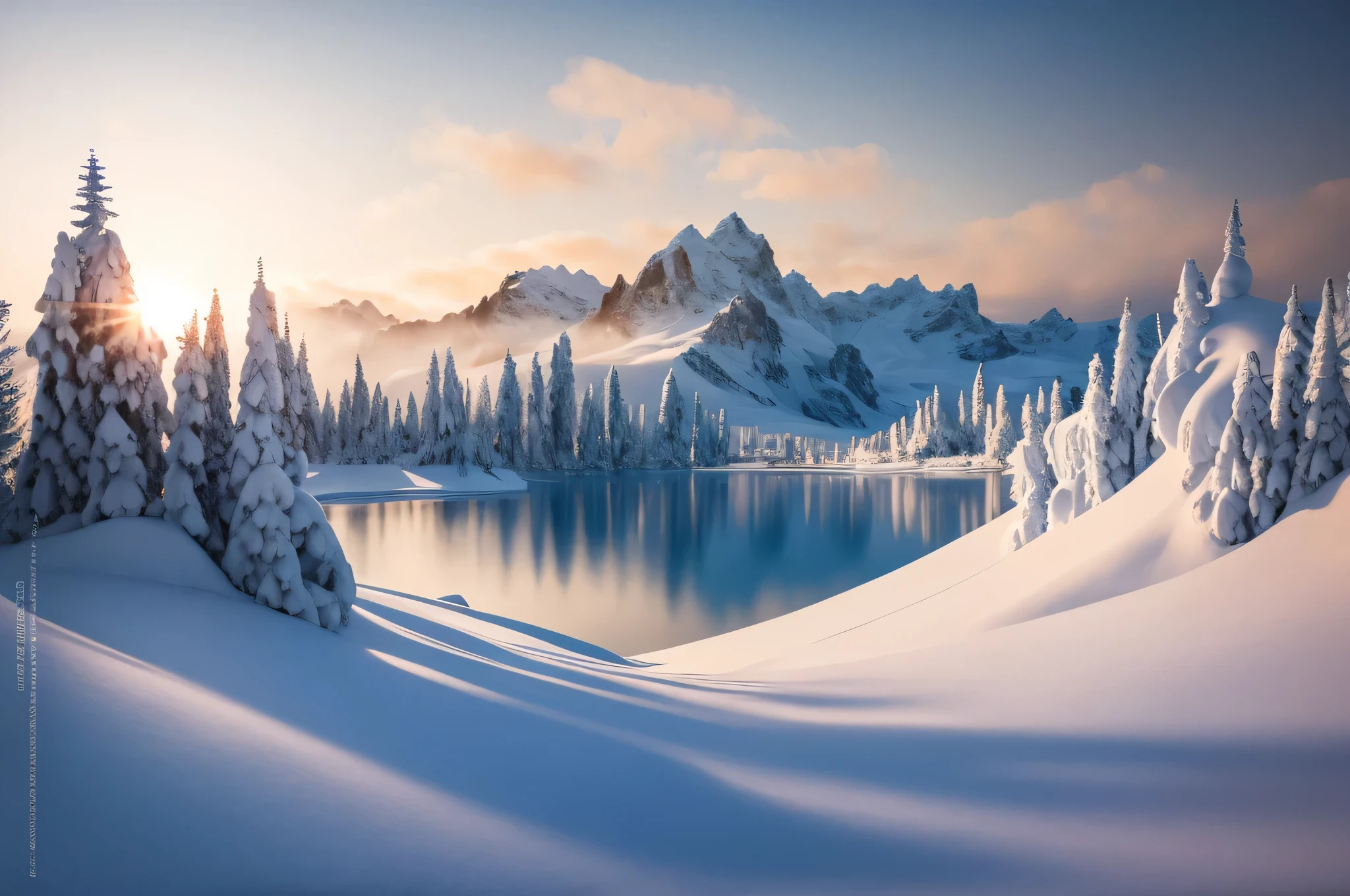 Snowy mountain scene with lake and trees in foreground - SeaArt AI