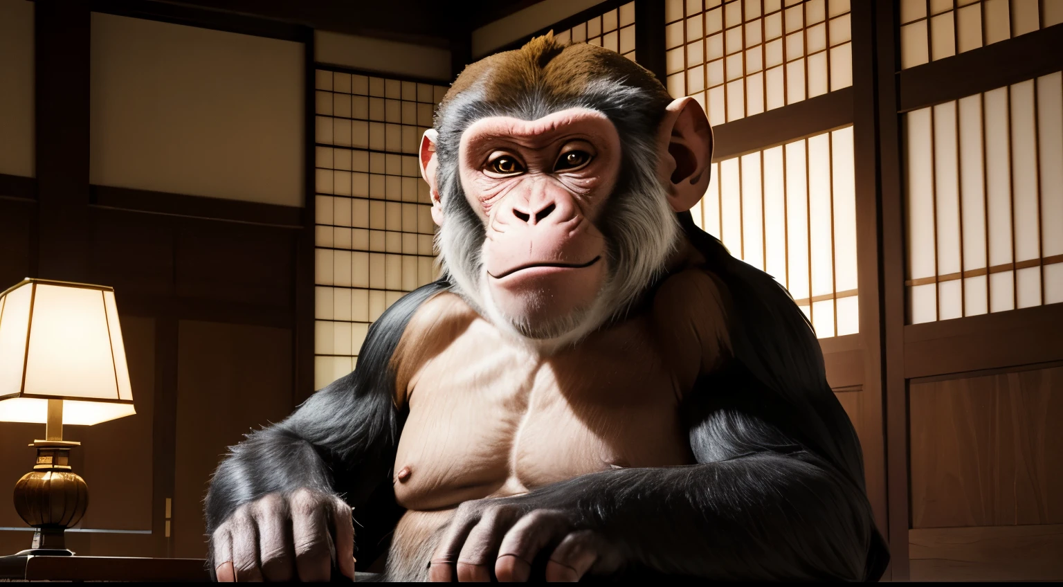 A big old realistic monkey sitting on a chair in a Japanese royal palace, with swirly eyes.