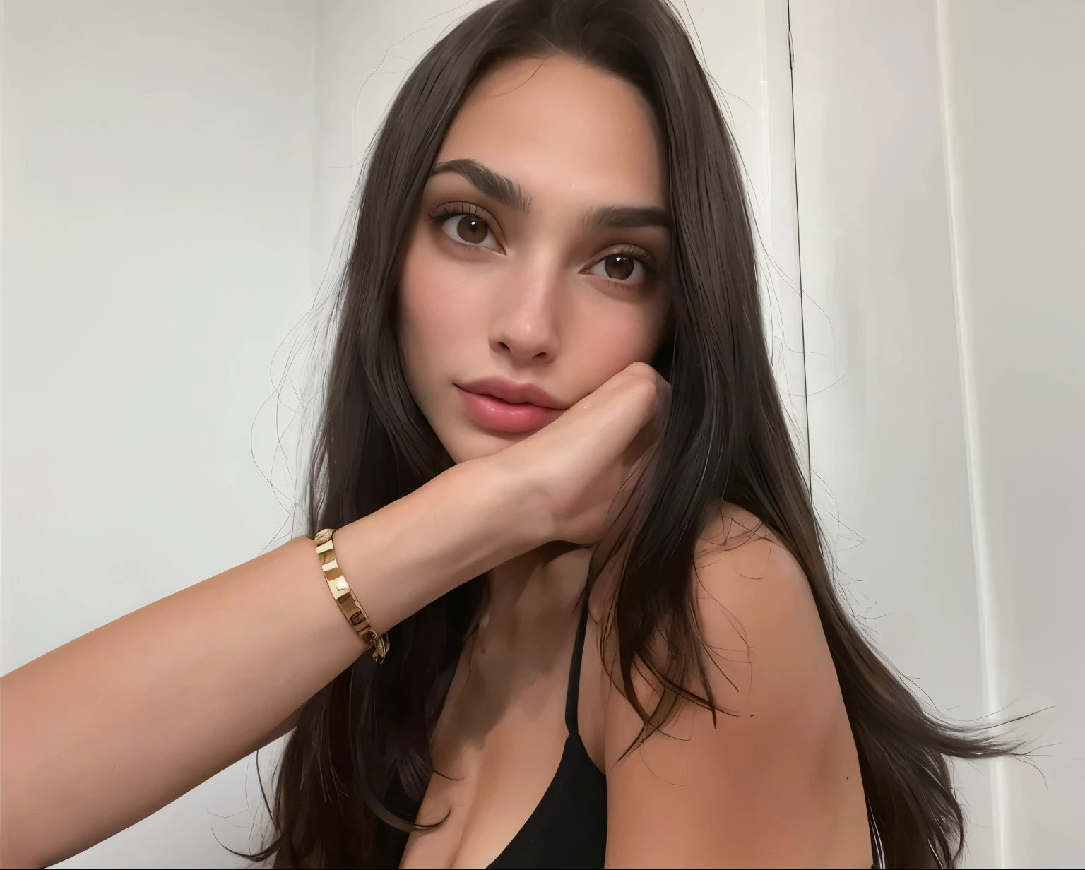 Mujer arafed con cabello largo y oscuro vistiendo un top negro., Foto de la belleza Gal Gadot, Retrato Sophie Mudd, Violeta Myers, Cara como Gal Gadot, Modelo de Instagram, angelina stroganova, por Emma Andijewska, large cheekbones, Anna Nikolanova aka Newmilky, cara extremadamente hermosa, sonrisa sensual, beautiful cheekbones