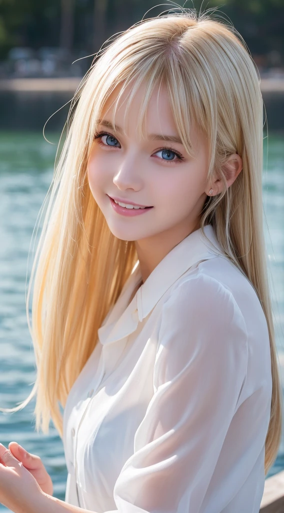 (8K), (Best Quality), (masutepiece:1.2), (Realistic), (Photorealistic:1.37), Ultra-detailed, 1girl in, Cute,((Just get out of the lake)),Smile,Beautiful detailed eyes, beautiful detailed nose, Full body, Wet hair, middlebreasts, ((Dramatic Lighting)),see through,((Wet)),((see through)),(((Pose Seductive))),(((stroking your hair with one hand)))、School Uniforms、bright expression、poneyTail、Young shiny shiny white shiny skin、Best Looks、Blonde reflected light、Platinum blonde hair with dazzling highlights、shiny light hair,、Super long silky straight hair、Beautiful bangs that shine、Glowing crystal clear attractive big blue eyes、Very beautiful nice cute 16 year old girl、Lush bust,White and beautiful blouse、((Rejoice with the whole body 1.5))++、