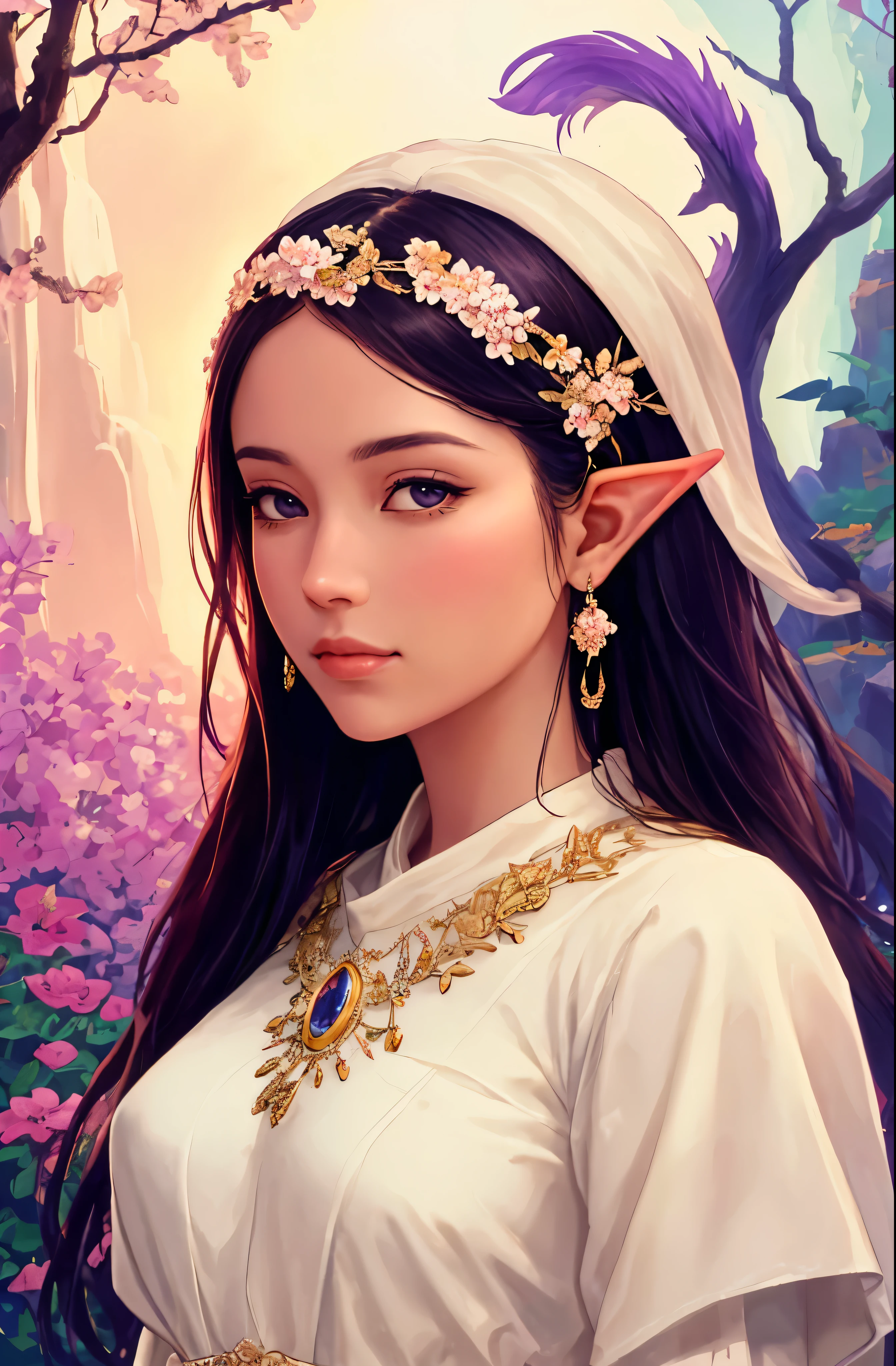 In a high elf fantasy setting,([best quality,4k,8k,highres,masterpiece:1.2),ultra-detailed,(realistic,photorealistic,photo-realistic:1.37)] the vibrant and mystical world comes to life. The enchanting garden is filled with ethereal beauty and magical elements. 

The centerpiece of the scene is an elegant high elf, with [beautiful detailed eyes,beautiful detailed lips,extremely detailed eyes and face,long eyelashes]. Their graceful presence captures the essence of elven nobility. The high elf is adorned in a flowing gown made of shimmering silk, reflecting the soft glow of the moon.

The garden is a rich tapestry of colors, with lush green grass, vibrant flowers in full bloom, and ancient trees with twisting branches. Rays of golden sunlight filter through the leaves, casting a warm and enchanting glow. The air is filled with the sweet fragrance of blooming flowers and the gentle whispers of the wind.

A sparkling waterfall cascades down a tall cliff, creating a soothing melody as the water gently caresses the rocks below. Crystal clear ponds are scattered throughout the garden, filled with vibrant aquatic life. Colorful koi fish gracefully swim in the tranquil waters, adding to the overall serenity of the scene.

As the sun sets, the garden transforms into a realm of enchantment. Soft, twinkling fairy lights illuminate the surroundings, casting a magical glow over the entire scene. Fireflies dance in the air, leaving trails of shimmering light behind them. The sky is painted with hues of purple and gold, creating a breathtaking sunset that bathes the garden in a warm and dreamy atmosphere.

In this high elf fantasy setting, the combination of exquisite details, vibrant colors, and magical elements come together to create a truly mesmerizing and captivating piece of art. Let the Stable Diffusion algorithm bring this enchanting world to life with its artistic prowess and create an awe-inspiring masterpiece.
