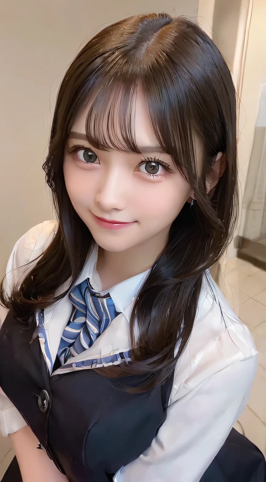 selfee, (from the front side),(Face:1.3),(Eye focus:1.4),(close up:1.3),(wide eyes:1.3),Attractive eyes,Eyelashes,Round eyes,jewelry eyes,Twinkle Eyes, long eyelashes, Eye Highlights,(Smile with open mouth),look at viewr,Light transparency, Diffraction of light, Best Quality, High quality, High resolution, Detailed, (1womanl), (high-school uniform:1.5), Beautiful face, フルFaceの赤面:1.3, beautiful eyes and black hair), ((Hair to the shoulders:1.2)) (18year old,) (ample breasts:1.2), (A smile:1.2),perfect fingers in perfect hands,((A smile:1.2))
