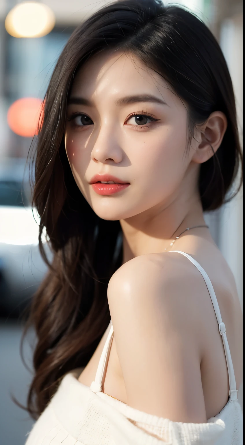 Goddess woman, make-up, bokeh, close-up, seductive look, modern outfit