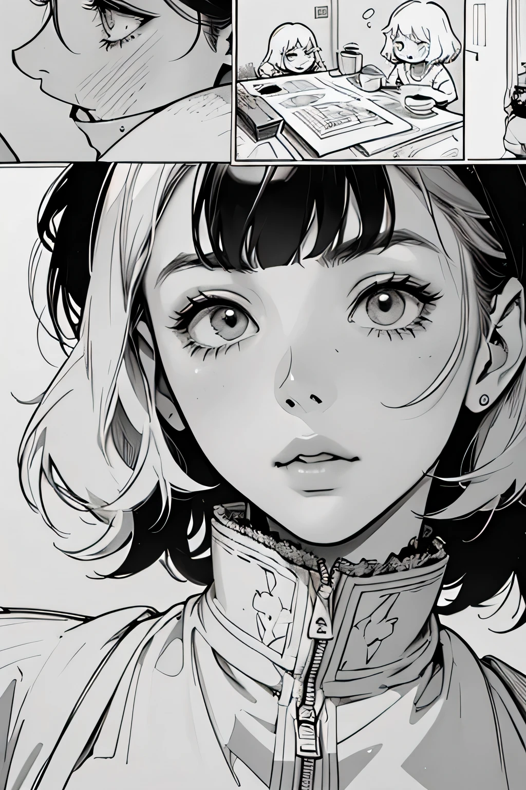 line-drawing, comic strip, monochromes, illustratio, 1girl in, masutepiece, Best Quality, Super Detail