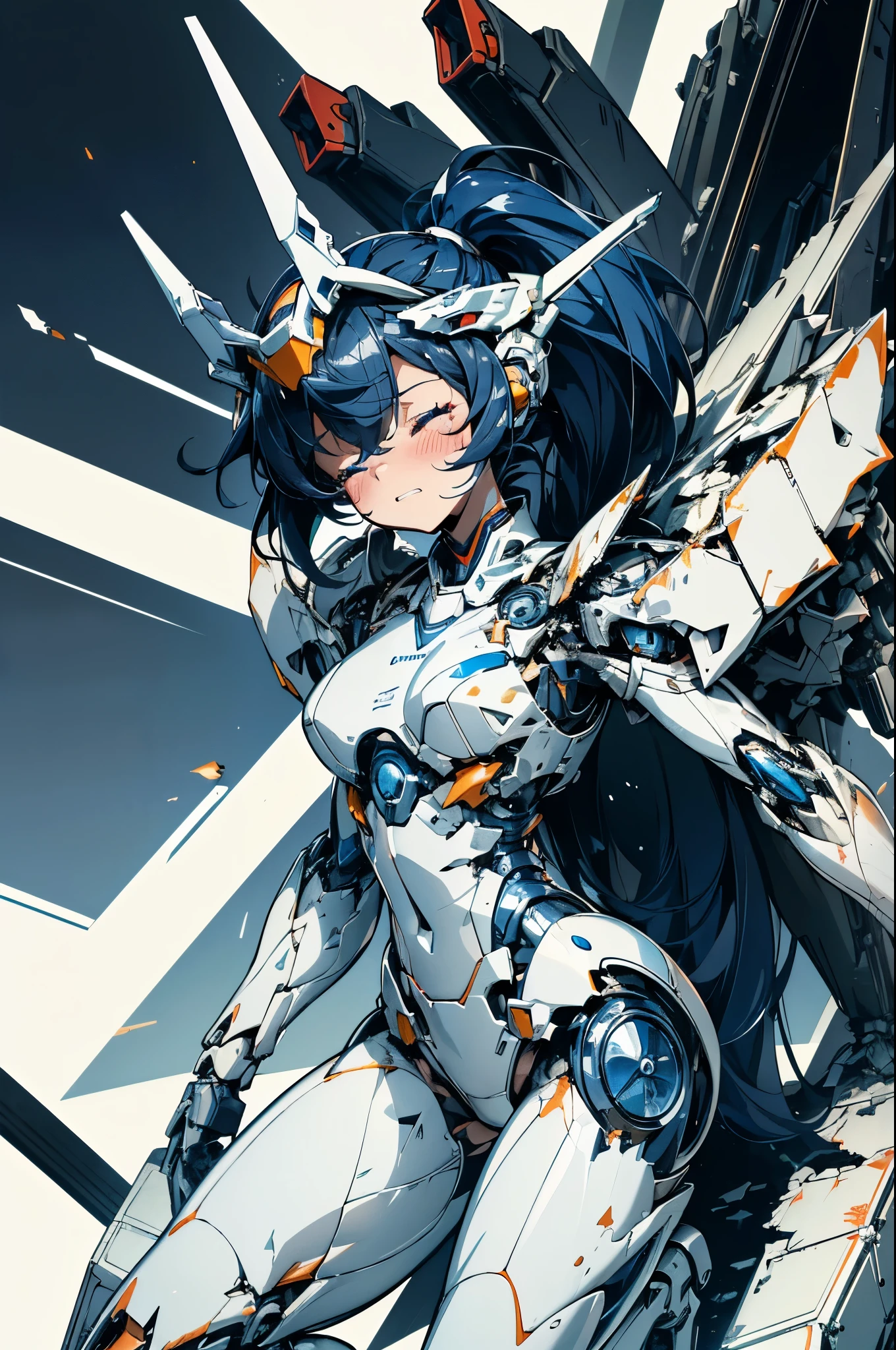 (((masterpiece))), Girl Robot, (loli:1.4), (Gamine:1.5), (Streamlined white themed body), White and navy blue pilot suit, White and navy blue tight-fitting clothing, White and navy blue thigh cover pants, White and navy blue shoulder cover clothes, White and navy blue shiny clothes, Navy blue tight-fitting pants that hide the legs,  (A body destroyed to pieces:1.4), (Many tears and scratches on the body:1.4), (Body on the verge of overheating and exploding:1.4), (A body destroyed to pieces:1.4), (A large amount of flame and smoke blowing out from the gaps in the overheated body.:1.4), (clenching teeth:1.4), (Close both eyes:1.4), (Crying hard:1.4), (dark blue hair ponytail:1.4), (Get on your knees:1.4), (Mechanical joints:1.4), (Body of the machine:1.4),mecha musume,
mechanical parts,
robot joints,
headgear