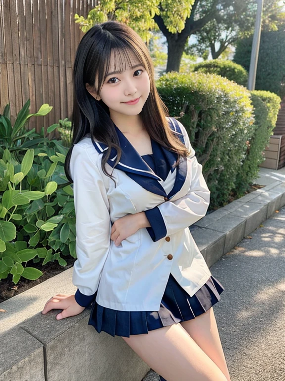 masterpiece、top-quality、ultra-detailliert、illustratio、inky、Beautiful fece詳細な顔、intricate-detail、hight resolution、Detailed light、独奏、sunlight、女の子1人、japanes、feminine、gentle face、Slimed、Small breasts、High school students、a sailor suit、summer clothing、Lace underwear under a slightly exposed jacket、a short skirt、cleavage of the breast、kindly smile、knee sox、Beautiful fece、A dark-haired、blurry backround、Pretty face、tied hair