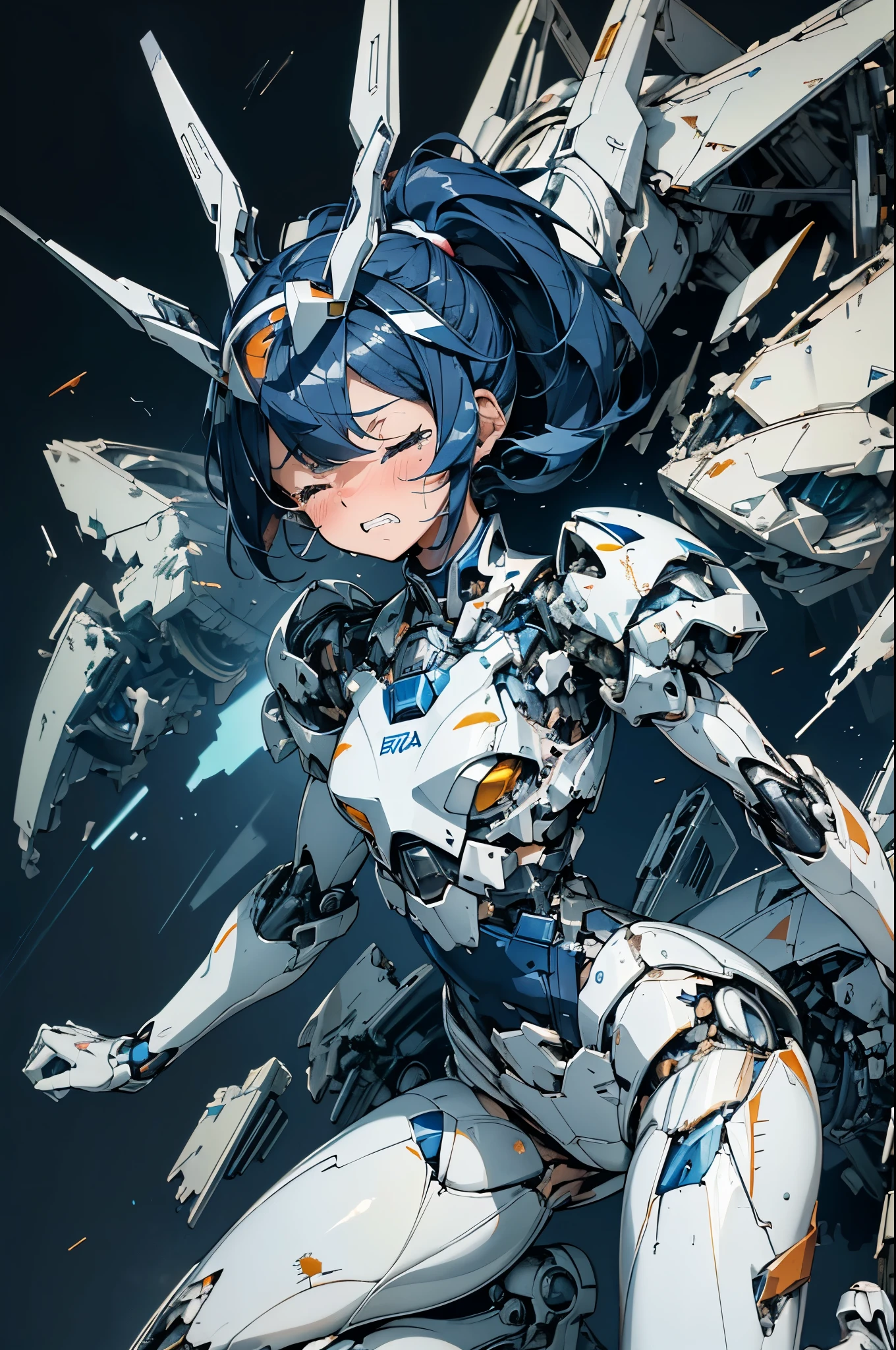 (((masterpiece))), Girl Robot, (loli:1.4), (Gamine:1.5), (Streamlined white themed body), White and navy blue pilot suit, White and navy blue tight-fitting clothing, White and navy blue thigh cover pants, White and navy blue shoulder cover clothes, White and navy blue shiny clothes, Navy blue tight-fitting pants that hide the legs, (A body destroyed to pieces:1.4), (Many tears and scratches on the body:1.4), (Body on the verge of overheating and exploding:1.4), (A body destroyed to pieces:1.4), (A large amount of flame and smoke blowing out from the gaps in the overheated body.:1.4), (clenching teeth:1.4), (Close both eyes:1.4), (Crying hard:1.4), (dark blue hair ponytail:1.4), (Get on your knees:1.4), (Mechanical joints:1.4), (Body of the machine:1.4),mecha musume,
mechanical parts,
robot joints,
headgear