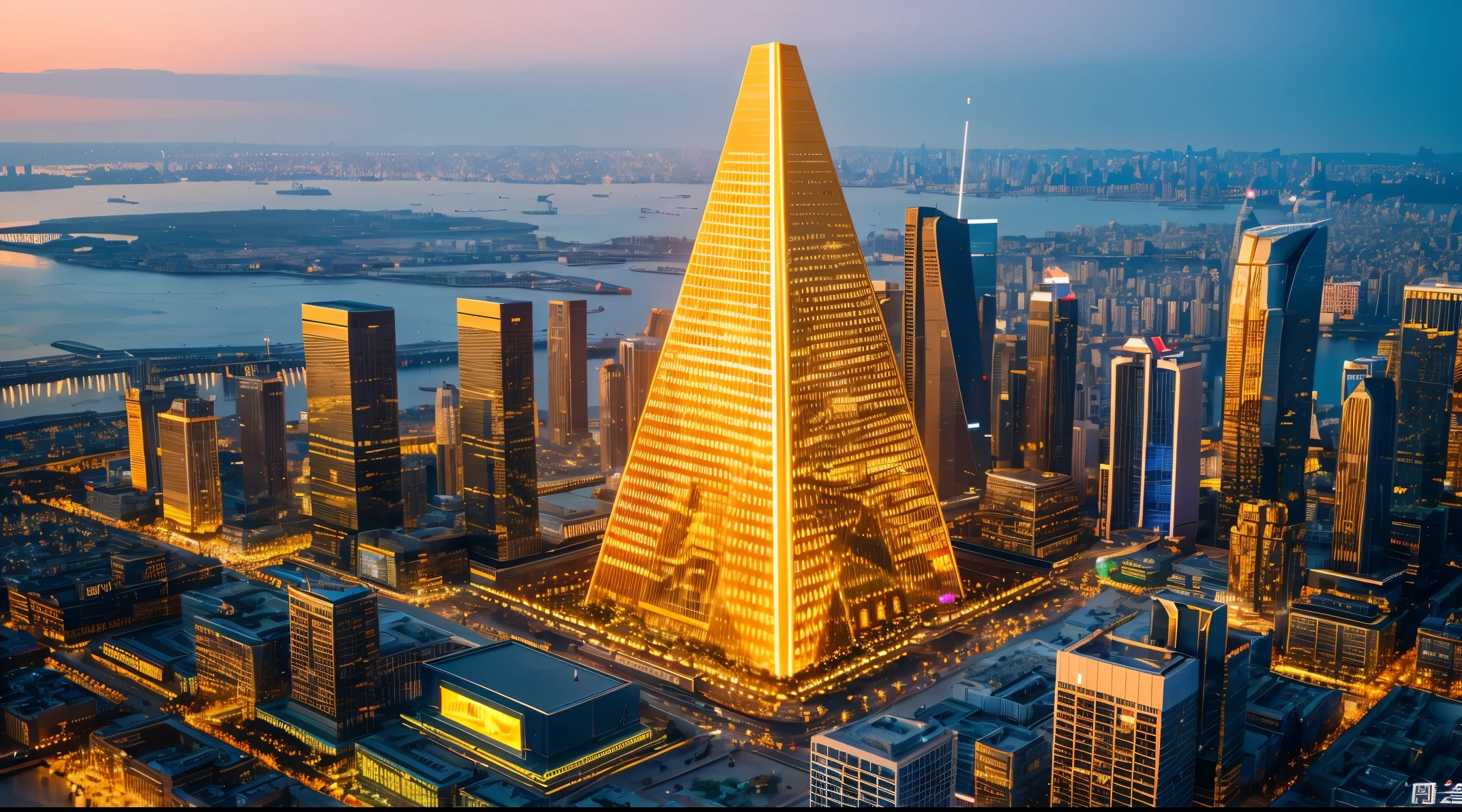 City of the Future、8K、high-level image quality、high-detail、Realistic photo images、The futuristic background of the golden glass pyramid with laser beam is、Connect to a surreal science city lined with huge skyscrapers. in 8Kんで background super resolution、Aspect ratio is 16:9.Golden pyramid, masutepiece, Anatomically correct, Super Detail, High quality, Best Quality, in 8K, 16K, high detal