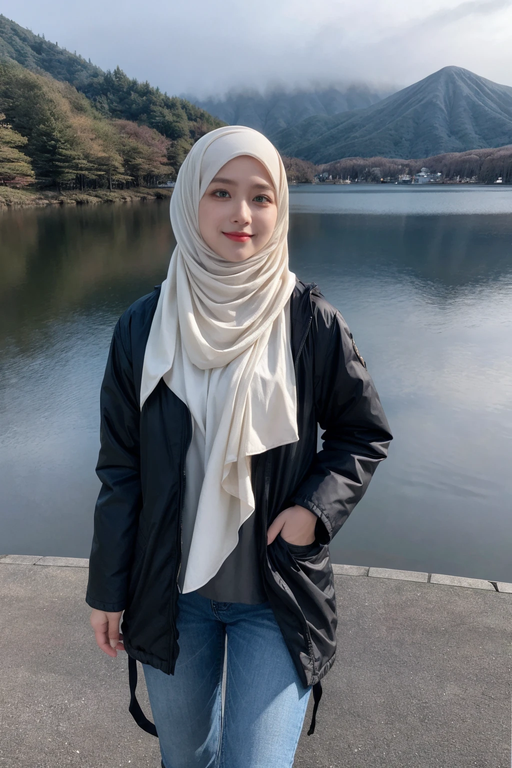 (Hijab:1.7), cute stance, cute smiling, very cute, 18 years old, ((Midnight, Best Quality, 8K, Masterpiece :1.3)), Full Body, (realistic photos of Hijab Korean female, slightly smile,expressive eyes,eye makeup, ((Lake Kawaguchiko, Japan background)) ,standing posture,confident attitude,Eye-Level Shot, slightly blurry background,UHD,masterpiece:1.2,highres,16k), long Jeans, black, (Parka-jacket:1.2), snow foggy weather,