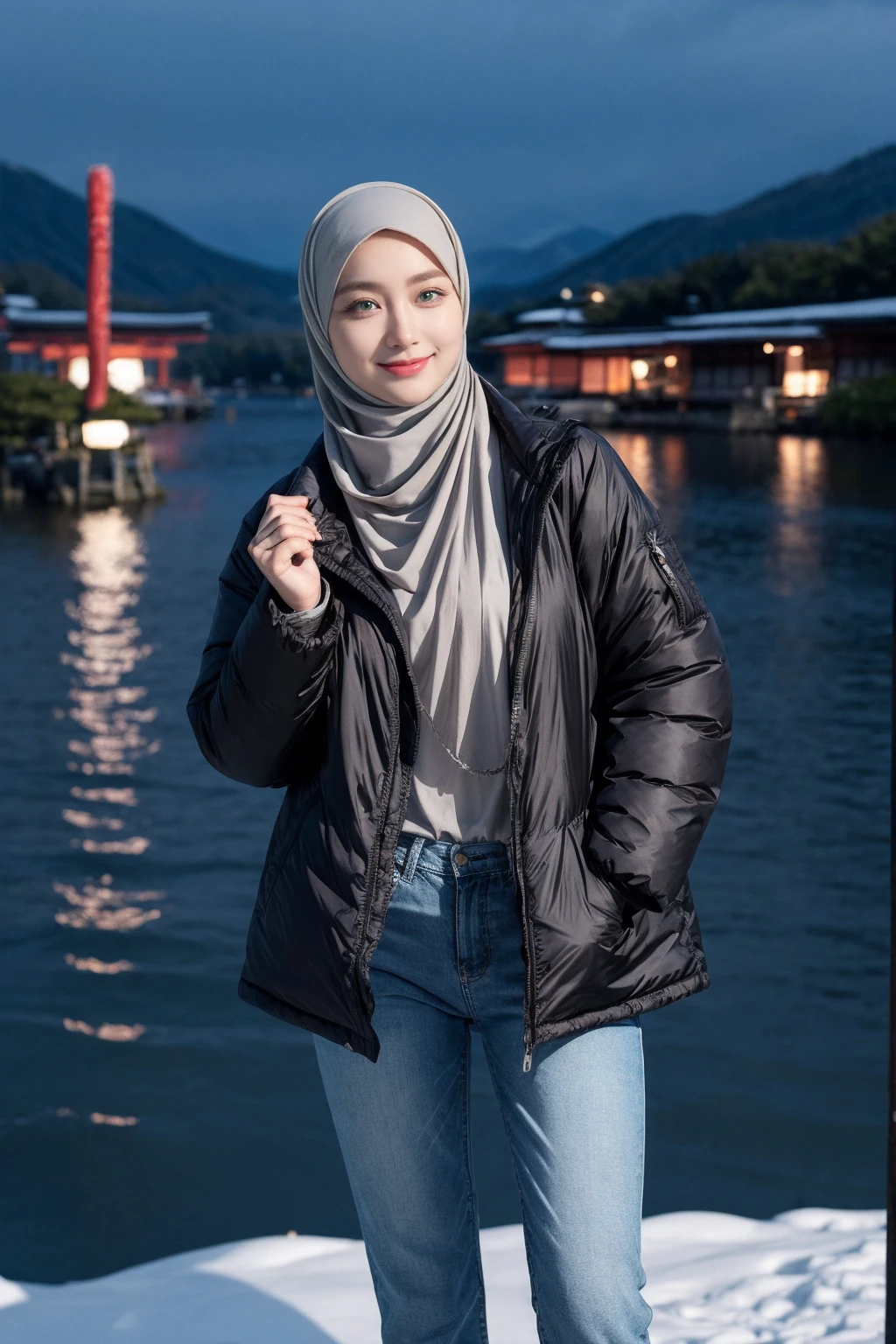 (Hijab:1.7), cute stance, cute smiling, very cute, 18 years old, ((Midnight, Best Quality, 8K, Masterpiece :1.3)), Full Body, (realistic photos of Hijab Korean female, slightly smile,expressive eyes,eye makeup, ((Lake Kawaguchiko, Japan background)) ,standing posture,confident attitude,Eye-Level Shot, slightly blurry background,UHD,masterpiece:1.2,highres,16k), long Jeans, black, (Parka-jacket:1.2), snow foggy weather,