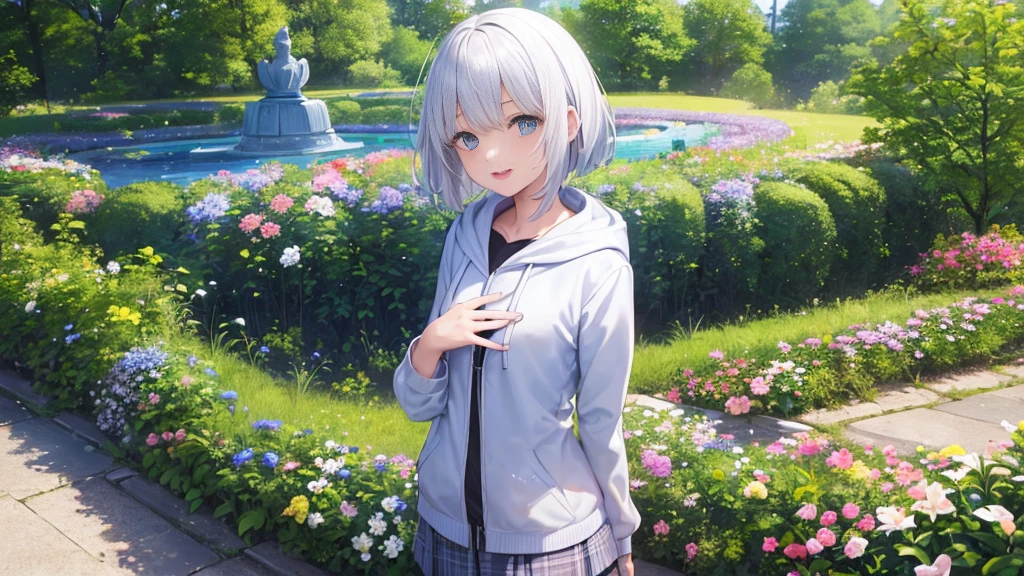 Ultra-high image quality,Look at viewers, hands behind back, girl with, 20 years old, Very short hair, long bangs between eyes, pale blue eyes, Hoodie, Skirt , Extremely detailed,(masterpiece、top-quality),White hair、A smile、Fantastical, Silver hair, Black eyes, Hoodie, White hoodie,a black skirt,Hair is short,White jacket, Casual style,Open jacket, Cowboy Shot、Fluttering hair、a small face、Bright smile、(Detailed face) ,profetional lighting,fantastic landscape,Blue sky, Sunlight,look down from above、open open mouth、facing front、fountain in the forest、flower field、Upper body only、cherry blossoms falling、5 fingers