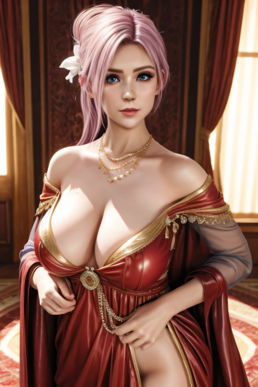 1个Giant Breast Girl,Elise, a skirt,robe,jewely,fashionably_Tattooed with,gigantic cleavage breasts,tmasterpiece, Best Picture Quality,of a real, Detailed pubic hair,8K，number art,Detailed pubic hair头发,