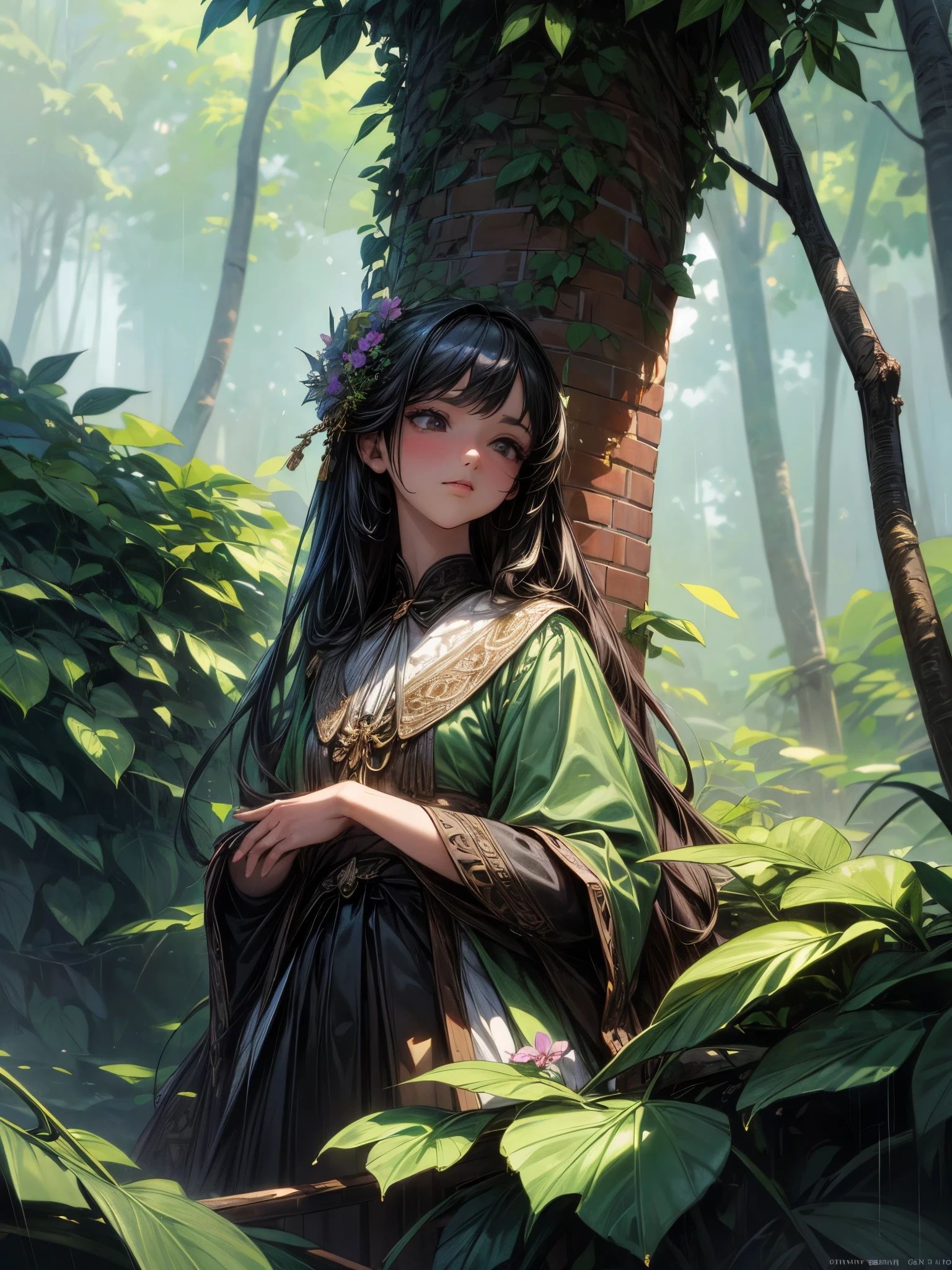 1girl, (masterpiece, best quality:1.2), 32k uhd, (extremely intricate details:1.2), brick wall, canal, photorealistic sky, flowers, peepal, dense rainforest, dappled sunlight, neutral density, after rain, colorful, hdr