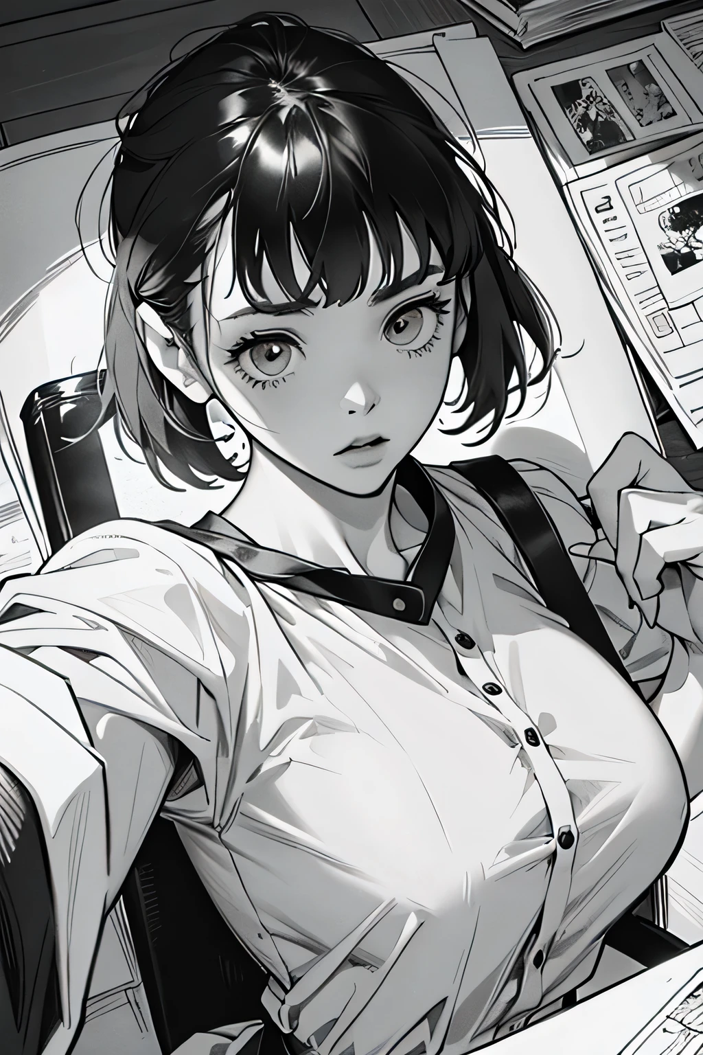 line-drawing, comic strip, monochromes, illustratio, 1girl in, masutepiece, Best Quality, Super Detail