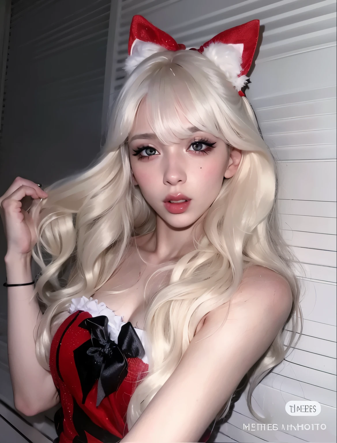 Chica de pelo rubio con orejas de gato y un vestido rojo y negro., Chica gato blanco, Dulce conejita ultrarrealista, con pelo largo blanco, Chica anime , con el pelo largo y blanco, Shikamimi, Sakimichan, muy hermosa linda catgirl, Ahegao, Chica anime in real life, pale milky white porcelain skin, Orejas de zorro blanco, con orejas de conejo