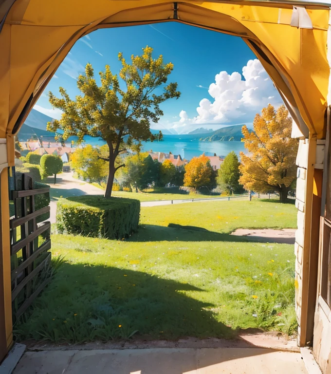 A fantasy world, graphic detail, orange and yellow trees, colossal wall on the horizon, medieval, adolscent campers, young archer,