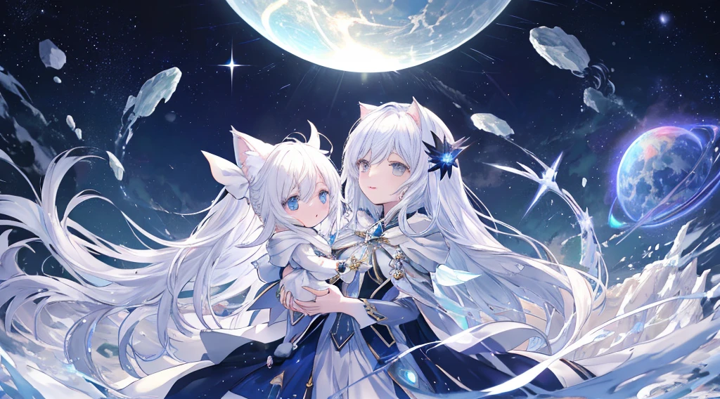 Best AI Image Generation Creator,top-quality,Good anatomy,Chibi、long skirt,kosmos,planetes,silver hood magician, wearing a beautiful silver cloak, Fairytale style, Feminine, Fantasia, trending,A sea of clouds spreads、Possesses a mysterious magical power of light、White cat cloud in the magician、背景にplanetesと星空、