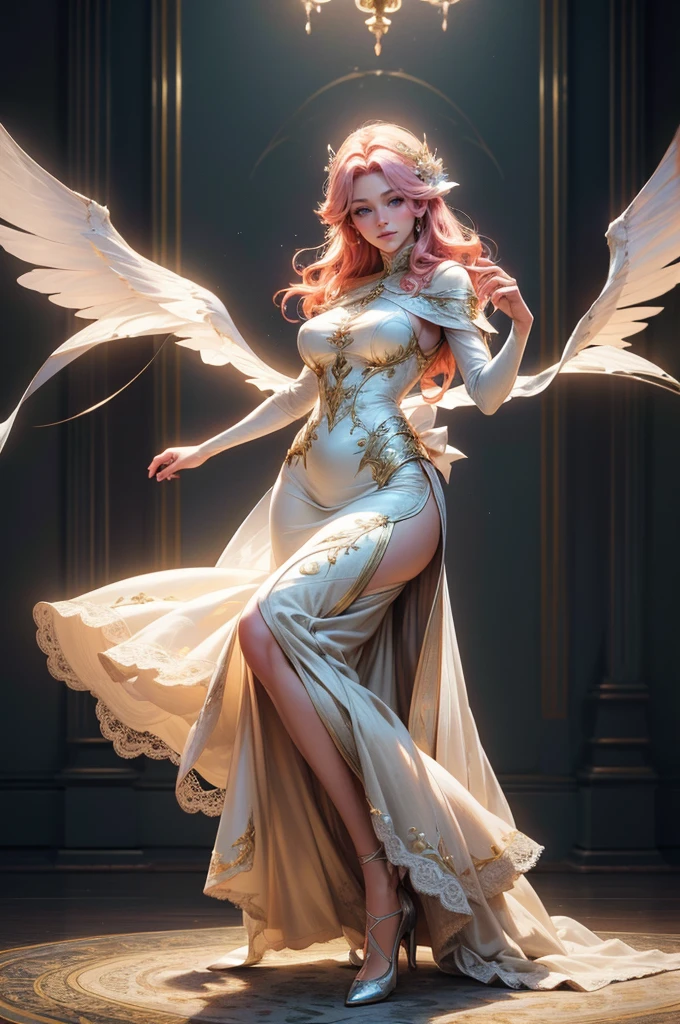 (best quality,8k:1.2,high resolution:1.2),epic cinematic image,glorious appearance,ultra-detalhado,Realistic,vintage godess angel female,long red curly hair,rosto extremamente detalhados,long eyelashes,big angel wings,soft white dress,suntan tights,metalic accessories,Physically-based rendering,sharp focus,natural lighting