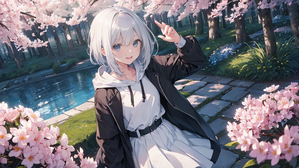 Ultra-high image quality,Look at viewers, hands behind back, girl with, 20 years old, Very short hair, long bangs between eyes, pale blue eyes, Hoodie, Skirt , Extremely detailed,(masterpiece、top-quality),White hair、A smile、Fantastical, Silver hair, Black eyes, Hoodie, White hoodie,a black skirt,Hair is short,White jacket, Casual style,Open jacket, Cowboy Shot、Fluttering hair、a small face、Bright smile、(Detailed face) ,profetional lighting,fantastic landscape,Blue sky, Sunlight,look down from above、open open mouth、facing front、fountain in the forest、flower field、Upper body only、cherry blossoms falling、5 fingers