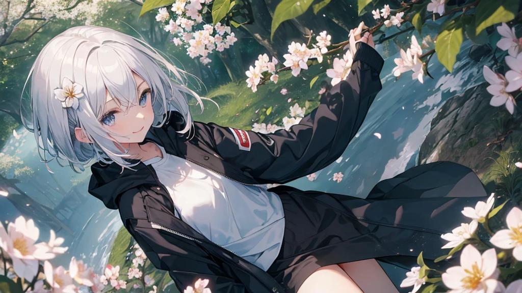 Ultra-high image quality,Look at viewers, hands behind back, girl with, 20 years old, Very short hair, long bangs between eyes, pale blue eyes, Hoodie, Skirt , Extremely detailed,(masterpiece、top-quality),White hair、A smile、Fantastical, Silver hair, Black eyes, Hoodie, White hoodie,a black skirt,Hair is short,White jacket, Casual style,Open jacket, Cowboy Shot、Fluttering hair、a small face、Bright smile、(Detailed face) ,profetional lighting,fantastic landscape,Blue sky, Sunlight,look down from above、open open mouth、facing front、fountain in the forest、flower field、Upper body only、cherry blossoms falling、5 fingers
