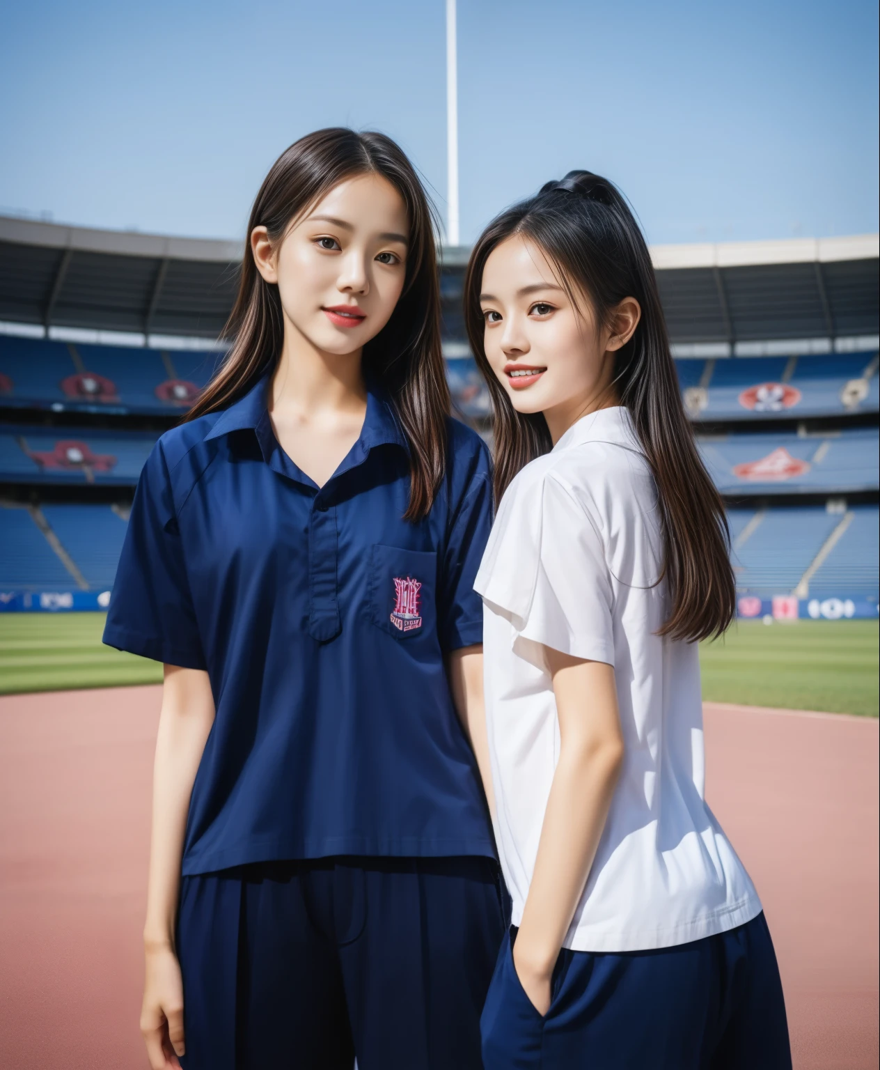 (bestquality,10,10,highres,masterpiece:1.2),ultra-detail,(Realistic,ภาพRealistic,photo-realistic:1.37),1 Cute girl in the football field,oily shiny skin,bara,light smile,BDclothelue shirt:1.3)),short sleeves,shirt, trousers.,(navy_long_ติดตามtrousers:1.1), ((Stadium Background:1.3)),dynamic angle,excited,face focus,Dynamic Poses,from behide,Ass Focus,masterpiece, bestquality, ultra realistic, hyper-detail, 8k resolution, RAW photo, crisp focus, ((Navy blue shirt:1.1)), short sleeves, เส้นทางlong, Complete bodyแบบ, 2 mature women, 18yo, cinematic light,trousersวอร์มสีน้ําเงิน,Gymware,Correct anatomy,Complete body, Correct body, sharp face, Correct bodyทางกายวิภาค, full entire body, Realistic gestures, long-haired, Realistic poses,Wear long shorts...........................................,ช่วงขาlong,Shapely,Sculpting Girl, Slender Figure, mannequin mannequins, Shapely, Beautiful body,trousersวอร์มสีน้ําเงิน, Two girls kissing