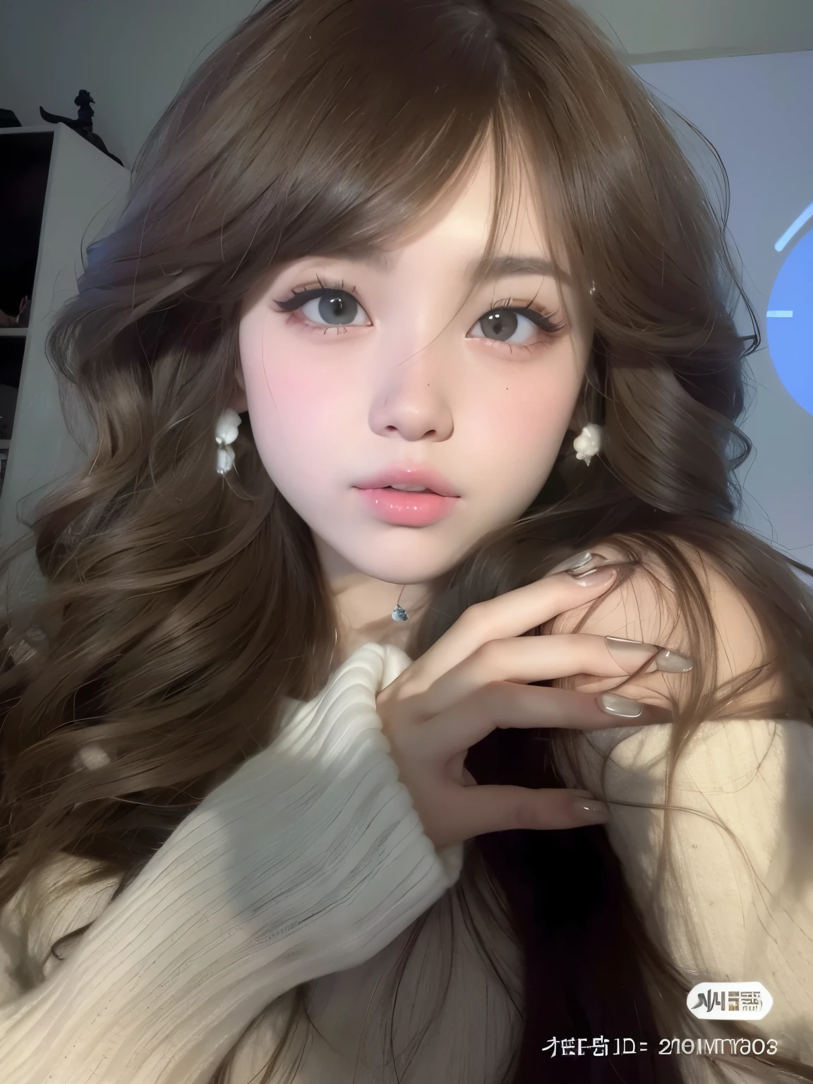 A close-up of a woman with long hair and a white sweater, ulzzang, Retrato realista kawaii, Cara linda clara, Sakimichan, Ojos grandes y cabello largo y suelto, muy hermosa linda catgirl, brown hair and large eyes, Dulce conejita ultrarrealista, con cabello largo y ojos penetrantes, Tendencias en CGVeStation, Articulated doll with ball