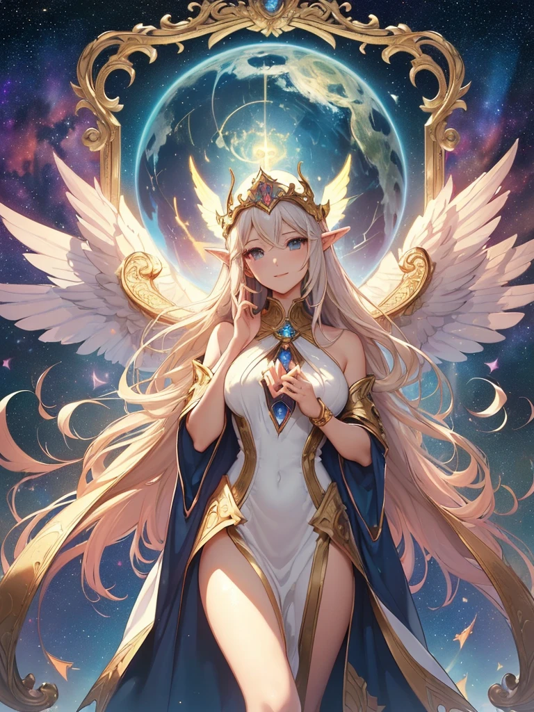 top-quality、Top image quality、​masterpiece、Super beautiful elf beauty((22 years old OL big wing、giant archangel winged bust、big bast、Bust 90,beautiful long ironed hair、a blond、globe、、A slender、a closeup、Esbian、beautiful tiara、hiquality、Beautiful Art、Background with((starrysky)))masutepiece、visualart、depth of fields、low angle of morning sky、、Elven ears、、light magic、Space Knight、harp melody🎵、Happy smile、Gentle light、、Beautiful legs that are gentle on the skin、、、Number of fingers to achieve precise finger movements、ticker beautiful decorative white dress、elegent、Mystical　Rosa、　Heaven、Marble pillars, beautiful dressy、magnificent marble dome、Huge galaxy、religious painting、holding the earth、Temple of Time、Great watch、hour glass、sundial、moment of creation！myth、alphonse mucha art、art noveau、byzantine art、folding screen picture、gold foil、Raphael's paintings、Renaissance art