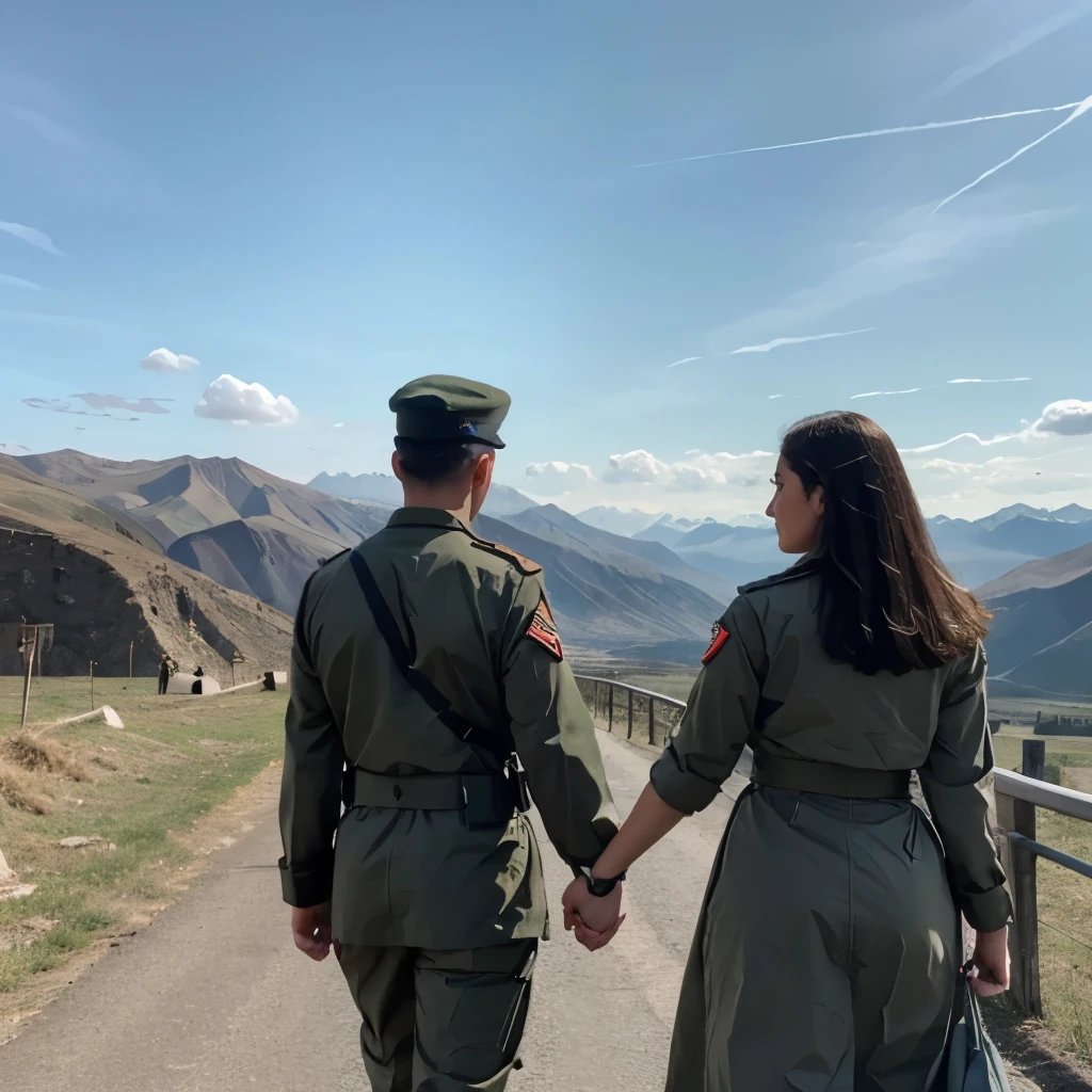 A man in army uniform holding hand of the woman which is in sky uniform looking towards mountain