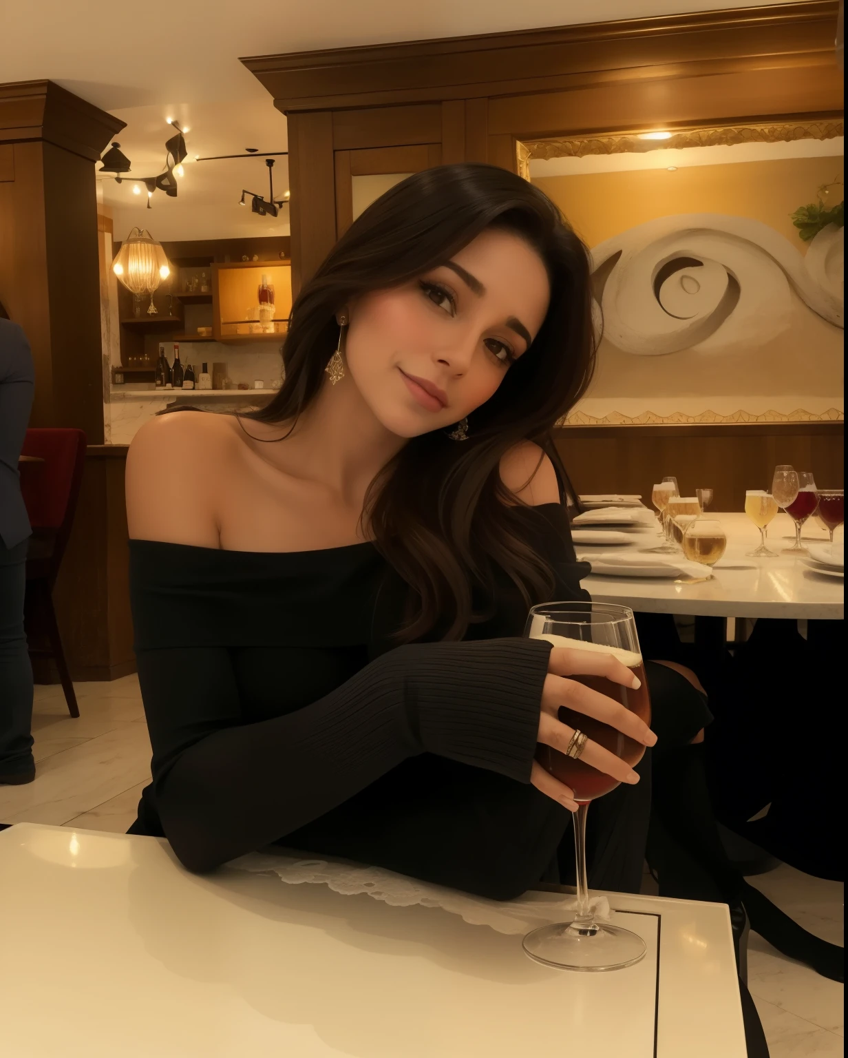 Hay una mujer sentada en una mesa con una copa de vino, hermosa dama, Mujer impresionante, Mujer preciosa, Ella sostiene una copa de vino, Impresionante modelo, beautiful aesthetic, Cerveza Madison, soft devil queen Cerveza Madison, por Emma Andijewska, Hermosa modelo, 30-year-old woman from cuba, Mujer linda, con una bebida