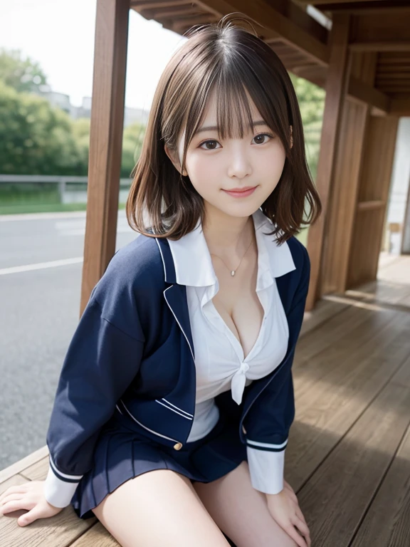 bangs,(Large Breasts:1.2),(Highest quality,masterpiece:1.2),one person,one person,alone,Fair skin,8k,Ultra-high resolution,Super detailed,Highest quality,Look down at the viewer,Perfect lighting,flat light,super high quality,Ultra-high resolution,masterpiece,Realistic,Detailed face,Perfect Anatomy,School,school uniform、Various gravure poses、Slender body、Young face、smile、Sweating、Flushed Cheeks、whole body、Please wear a perfect blazer school uniform.、Beautiful feet、Baby Face、round face、Please sit down for physical education