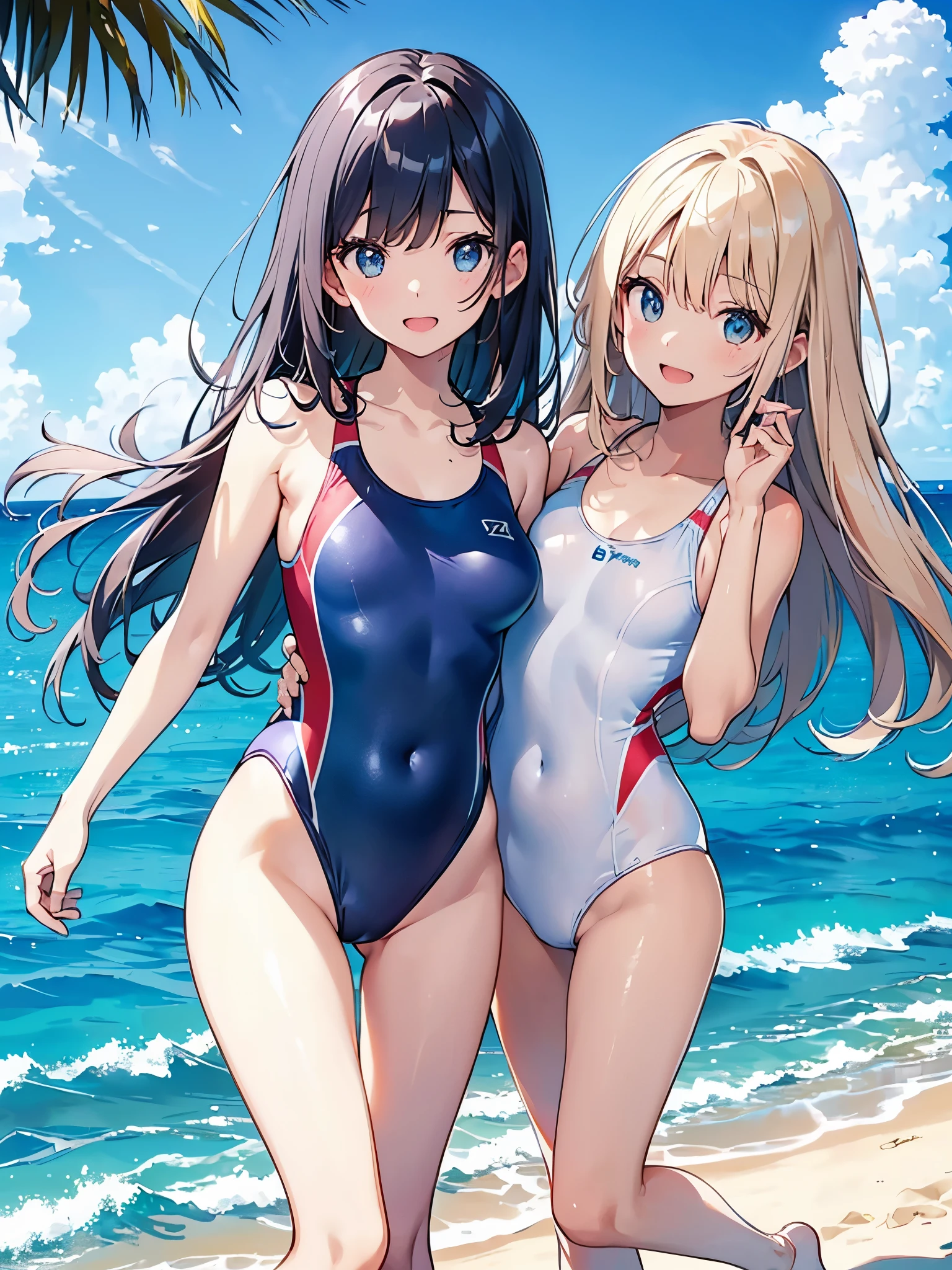 ((4K、8K、top-quality、Perfect fingers: 1.perfect anatomia: 1.3、Background blur))、((ers old、Lori、small tits 、cute big droopy eyes、stright long hair、a beautiful slender girl、The best smile with open mouth))、((Two girls in swimsuits、standing in a row at equal intervals、front facing))、（Competitive swimsuit）、Blue sky and white sand beach、Full-body angle、