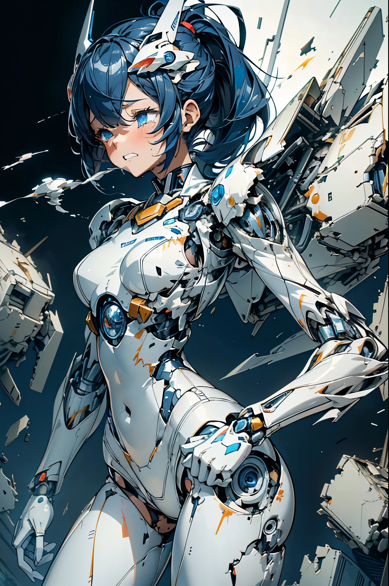 (((masterpiece))), Girl Robot, (li:1.4), (Gamine:1.5), (Streamlined white themed body), White and navy blue pilot suit, White and navy blue tight-fitting clothing, White and navy blue thigh cover pants, White and navy blue shoulder cover clothes, White and navy blue shiny clothes, Navy blue tight-fitting pants that hide the legs, (A body destroyed to pieces:1.4), (Many tears and scratches on the body:1.4), (Body on the verge of overheating and exploding:1.4), (A body destroyed to pieces:1.5), (A large amount of flame and smoke blowing out from the gaps in the overheated body.:1.4), (clenching teeth:1.4), (Close both eyes:1.4), (Crying hard:1.4), (dark blue hair ponytail:1.4), (Get on your knees:1.4), (Mechanical joints:1.4), (Body of the machine:1.4),mecha musume,
mechanical parts,
robot joints,
headgear