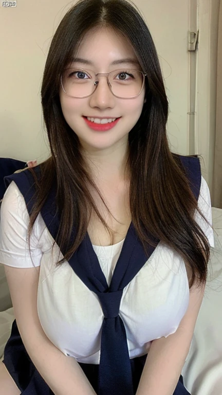 (realistic, high resolution:1.3), 1 girl with perfect figure, glasses, smile, ((pale white skin:1.3)) ,(gigantic breasts:1.3), looking at viewers, super fine face and eyes, long hair, white transparent lace veil: 1.2 , in bedroom, sit on the bed, , exposed cleavage, upper body, half body