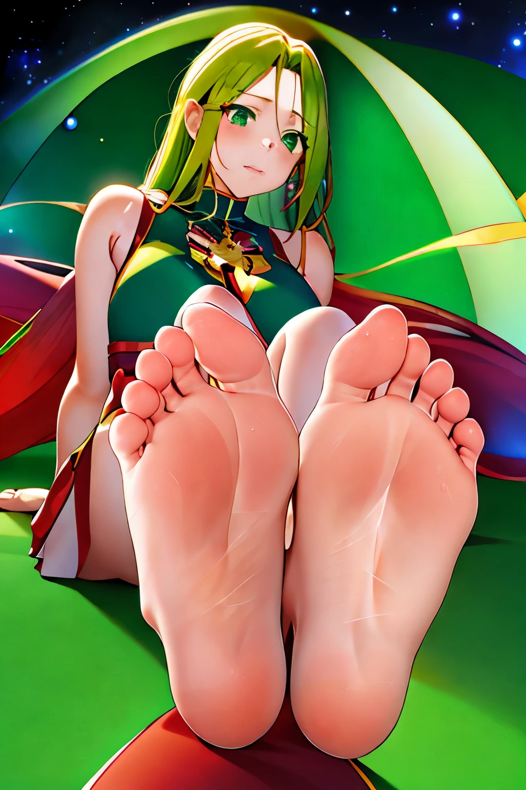 long ginger hair, green eyes, anime girl, kawaii, hourglass figure, big feet, sweaty feet, soles showing, 5 toes on each foot, 5 toes, heel on floor, red high heel shoes on ground next to feet, galactic background, stars and sparkles, green outfit